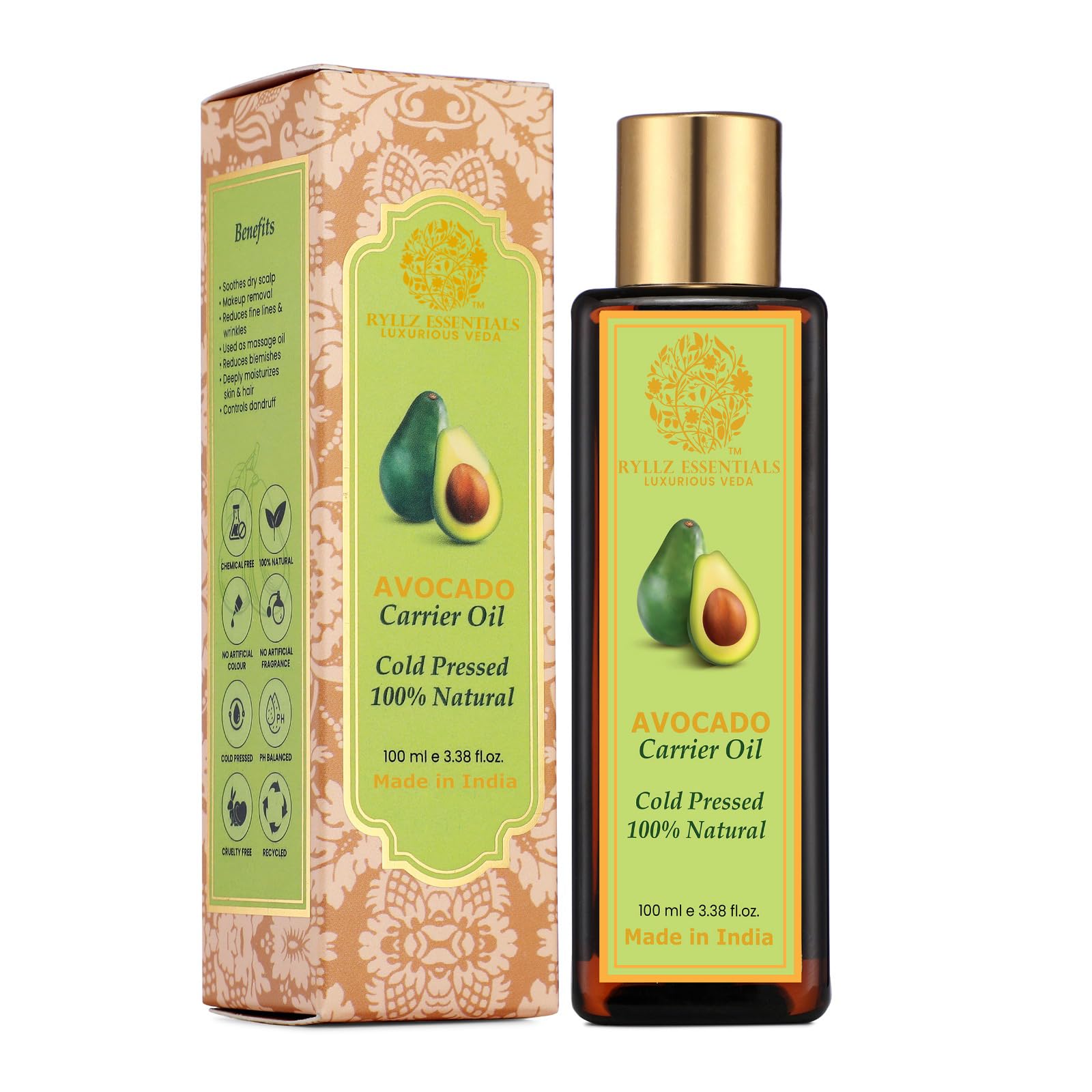 RYLLZ ESSENTIALS Avocado Carrier Oil | For Hair Growth, Moisturizing Skin & Face Massage | 100% Pure & Natural | Cold Pressed & Extra Virgin Oil | 100ml