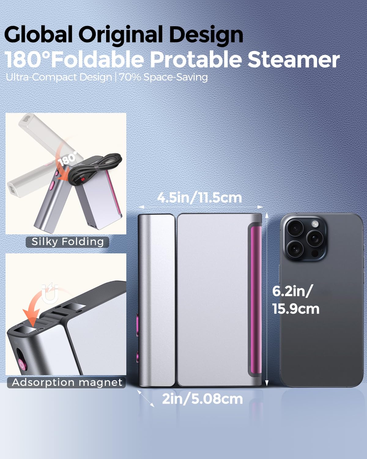 Vaporizador de viaje de 1200 W para ropa portátil Mini, doble voltaje, vaporizador de ropa plegable pequeño y plancha, vaporizador compacto de ropa, calentamiento rápido de 15 segundos, cable 2