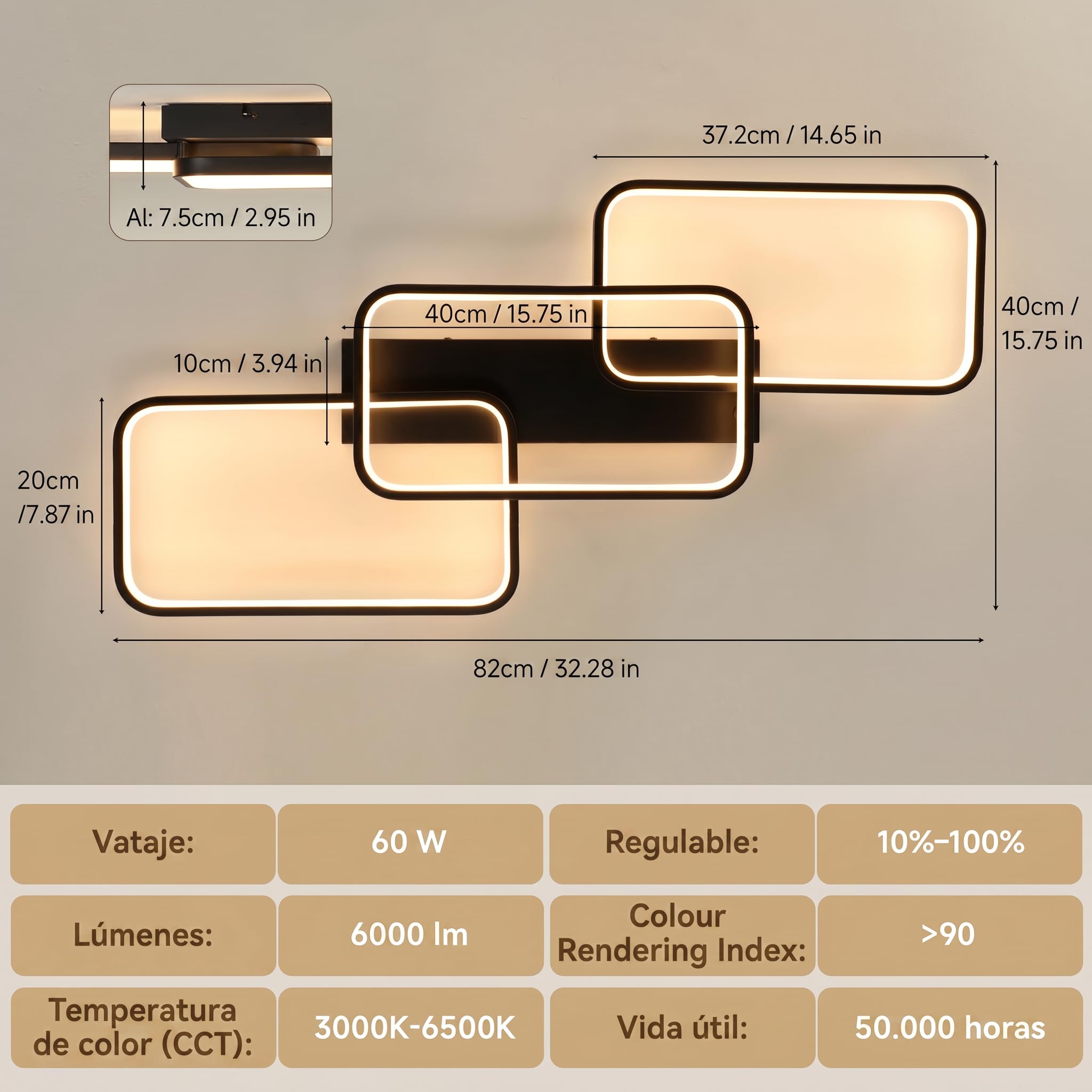 OTREN Lámpara Techo Salón Regulable Moderno 82cm 60W 6000LM, 3000K-6500K con Mando a Distancia, Plafón LED Negro con Memoria y Luz Nocturna para Dormitorio, Cocina y Comedor