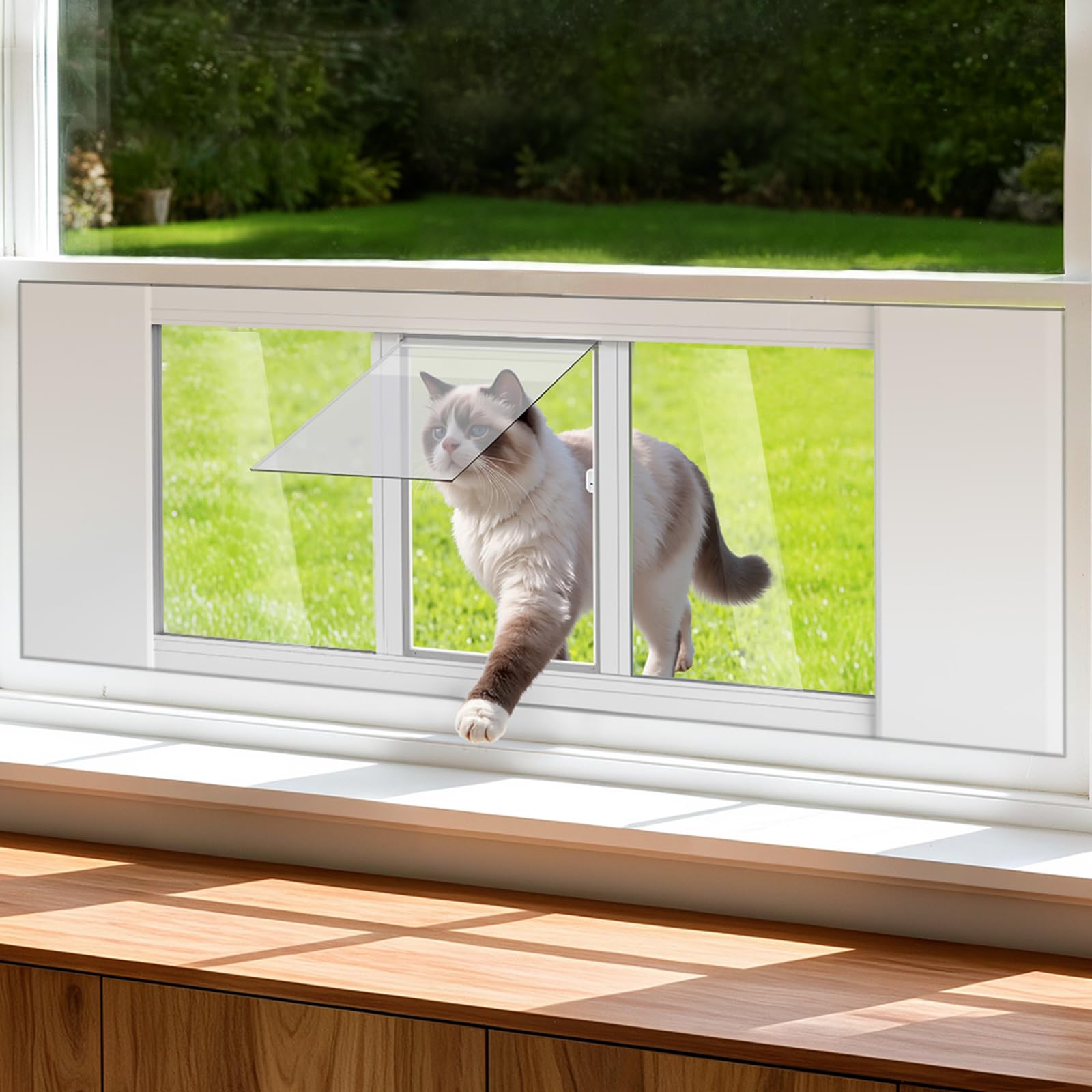 Upgraded Pet Cat Door for Window, Adjustable Width of 23"-34" Window Cat Door Insert, Quick Installation Pet Doors for Cats Small Dog with Aluminum Frame, Tight Seal, Safety & Weatherproof, HD Glass