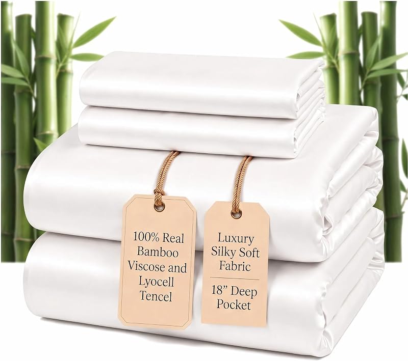 100% Real Bamboo Viscose & Lyocell Tencel Sheets Set King Size | Breathable & Cooling for Hot Sleeper | Luxury Silky Soft Fabric | 18" Deep Pocket with Corner Straps (White, King)
