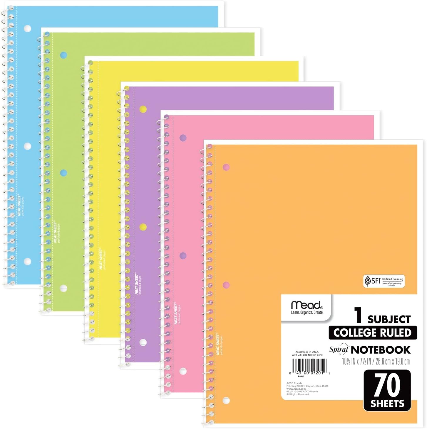 Mead Spiral Notebooks, 6 Pack, 1-Subject, College Ruled Paper, 8" x 10-1/2", 70 Sheets, Assorted Pastel Colors (830049-ECM)