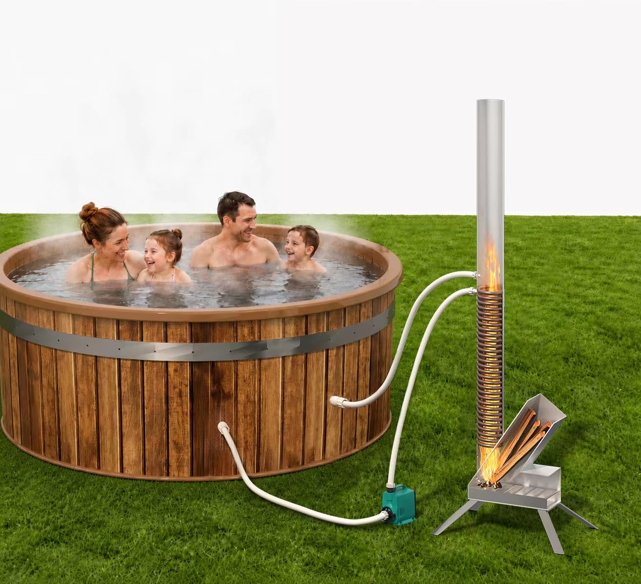 ECOPOOLTECH Outdoor Poolheizung Holz Feuertonne, Tragbarer Brennholz Poolheizung Wärmepumpe, Edelstahl-Heizspirale Wärmetauscher Holzfeuer-Poolheizung für Spas, Badewannen, Schwimmbecken, Whirlpool