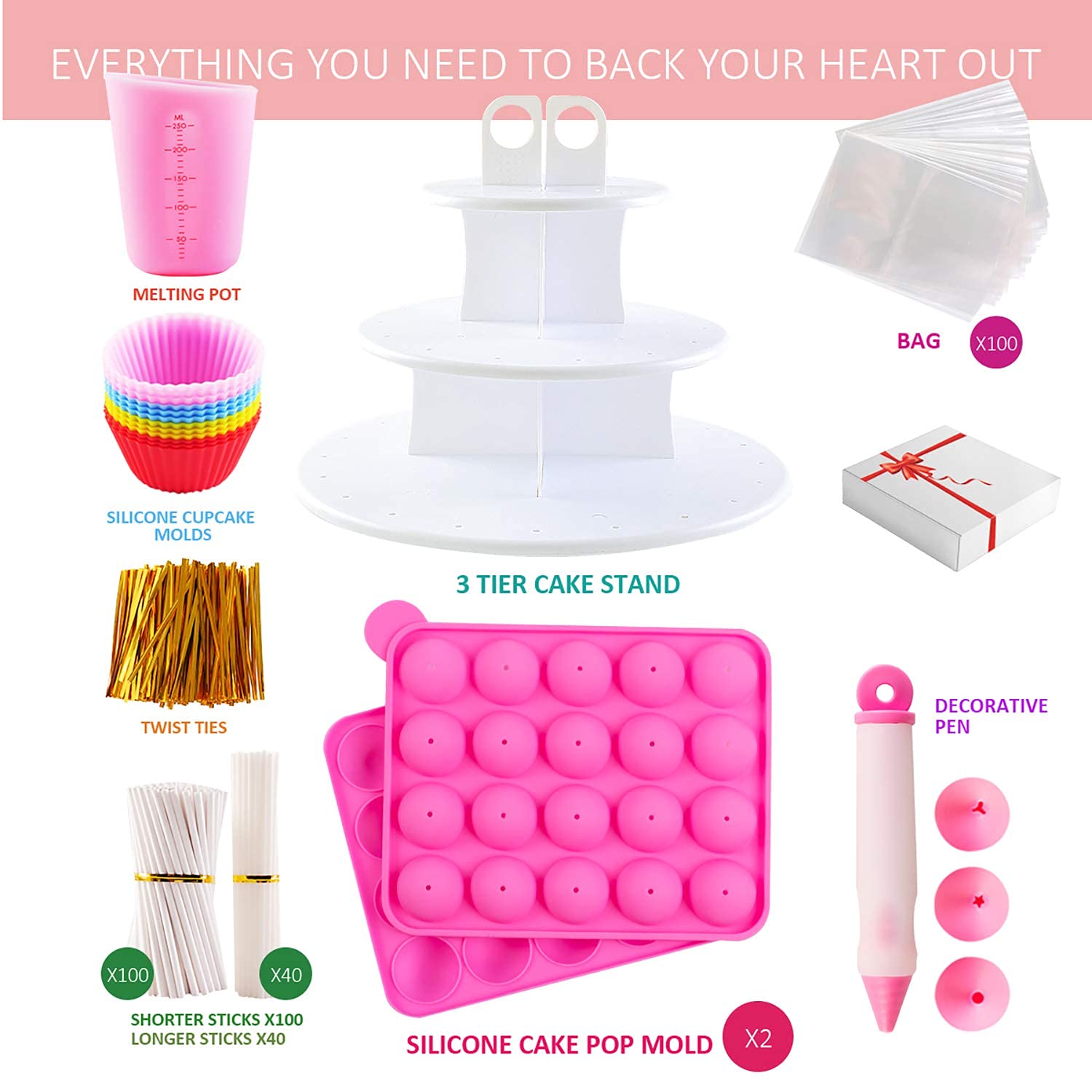 Kit para hacer pasteles con 2 juegos de moldes de silicona con soporte para tartas de 3 niveles, olla para derretir dulces de chocolate, moldes de silicona para cupcakes, palitos de piruleta de papel,