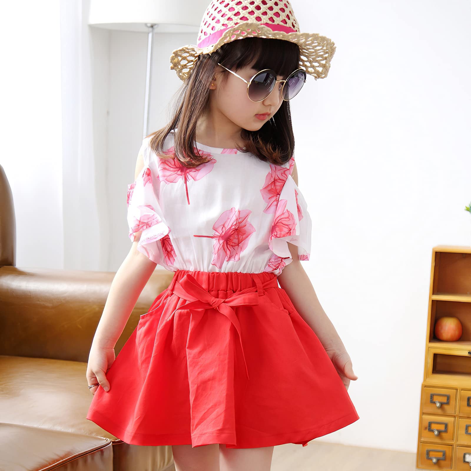 amropi Niña Floral Conjunto de Verano Camiseta de Manga Volantes y Falda 2 Piezas Ropa Set 3-12 años