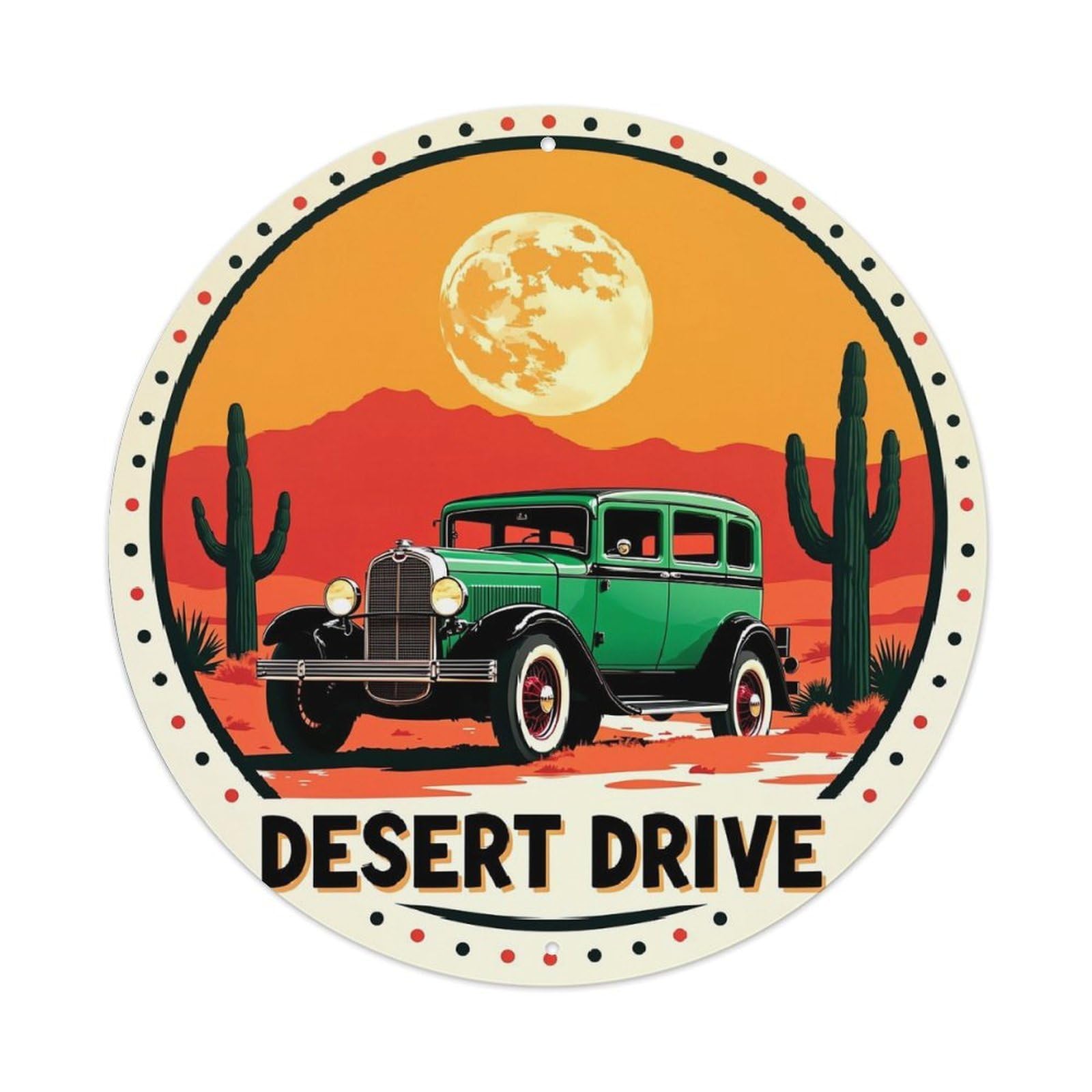 Desert Drive Vintage Car Scene Vintage Metal Tin Sign Retro Wall Decor for Home Bar Garage Cafe, Indoor & Outdoor Decorative，circle Metal Poster, 8x8 Inch