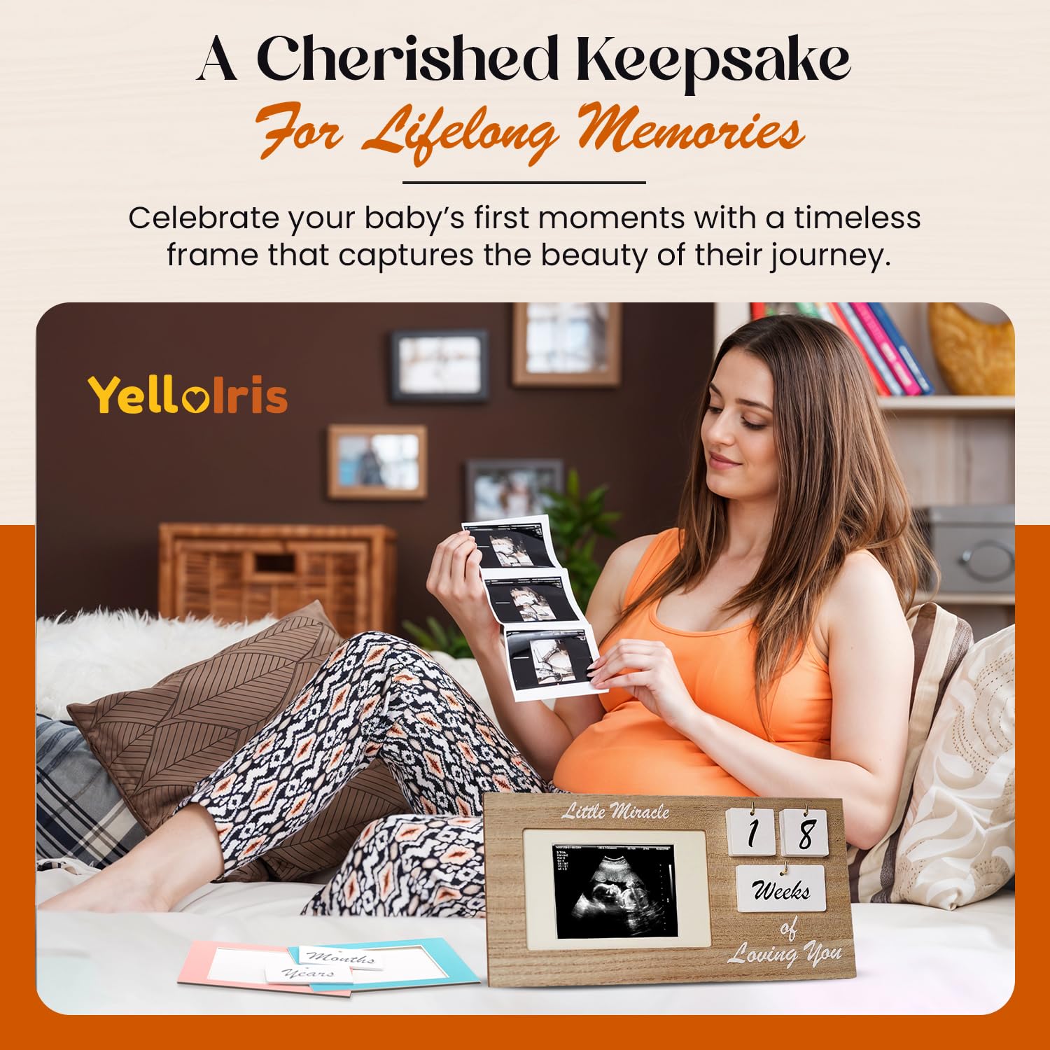 YelloIris Brown Ultrasound Sonogram Picture Frame with Milestone Tracker – Elegant Wooden Keepsake for Expecting Parents – Nursery Décor Gift for New Moms – Countdown Tiles Included – 12