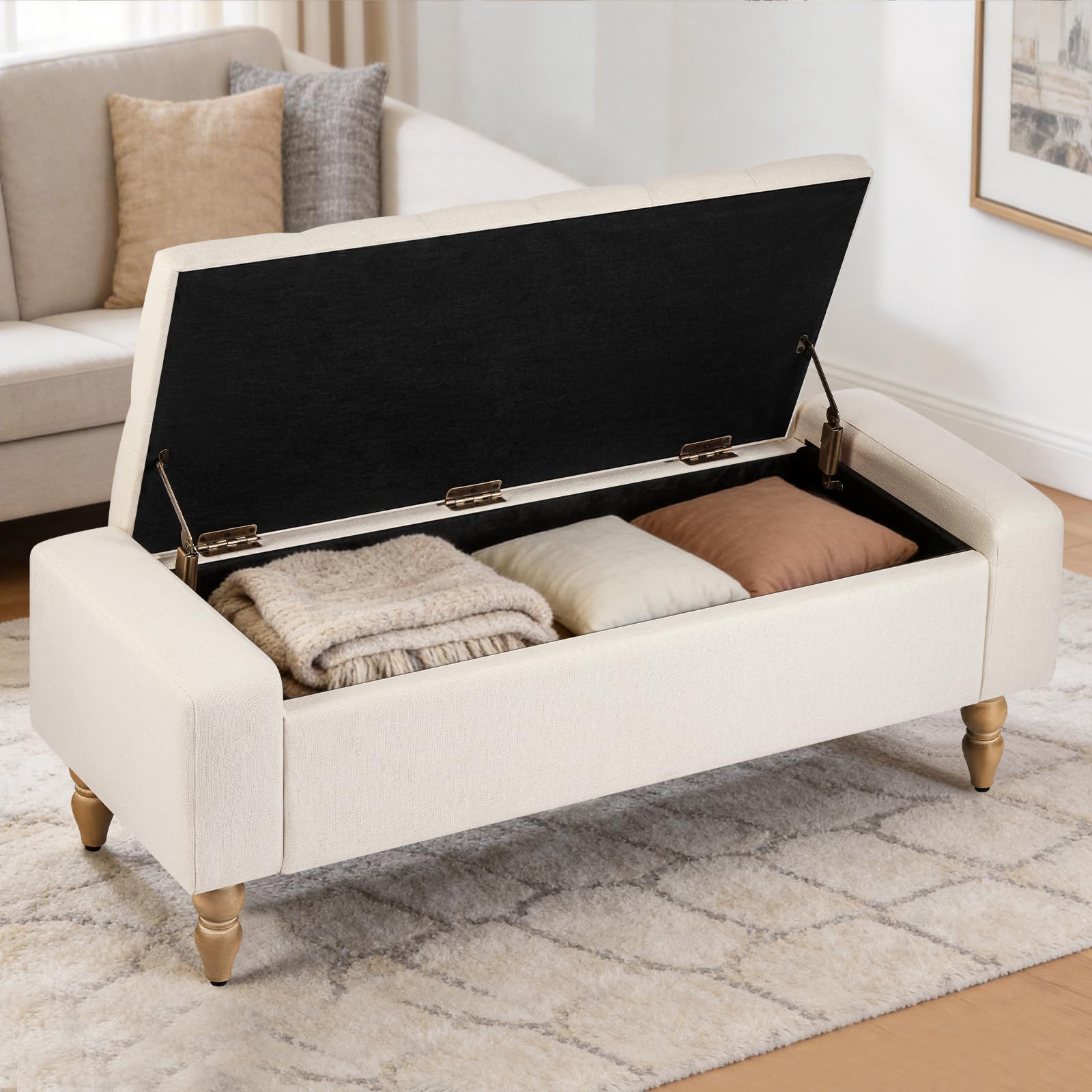 Banco de Almacenamiento con Asiento Acolchado – Banco Caja Multiusos para Entrada, Salón o Dormitorio | Pouf con Caja de Gran Capacidad, Tapizado Resistente y Fácil Montaje | Diseño Moderno Beige