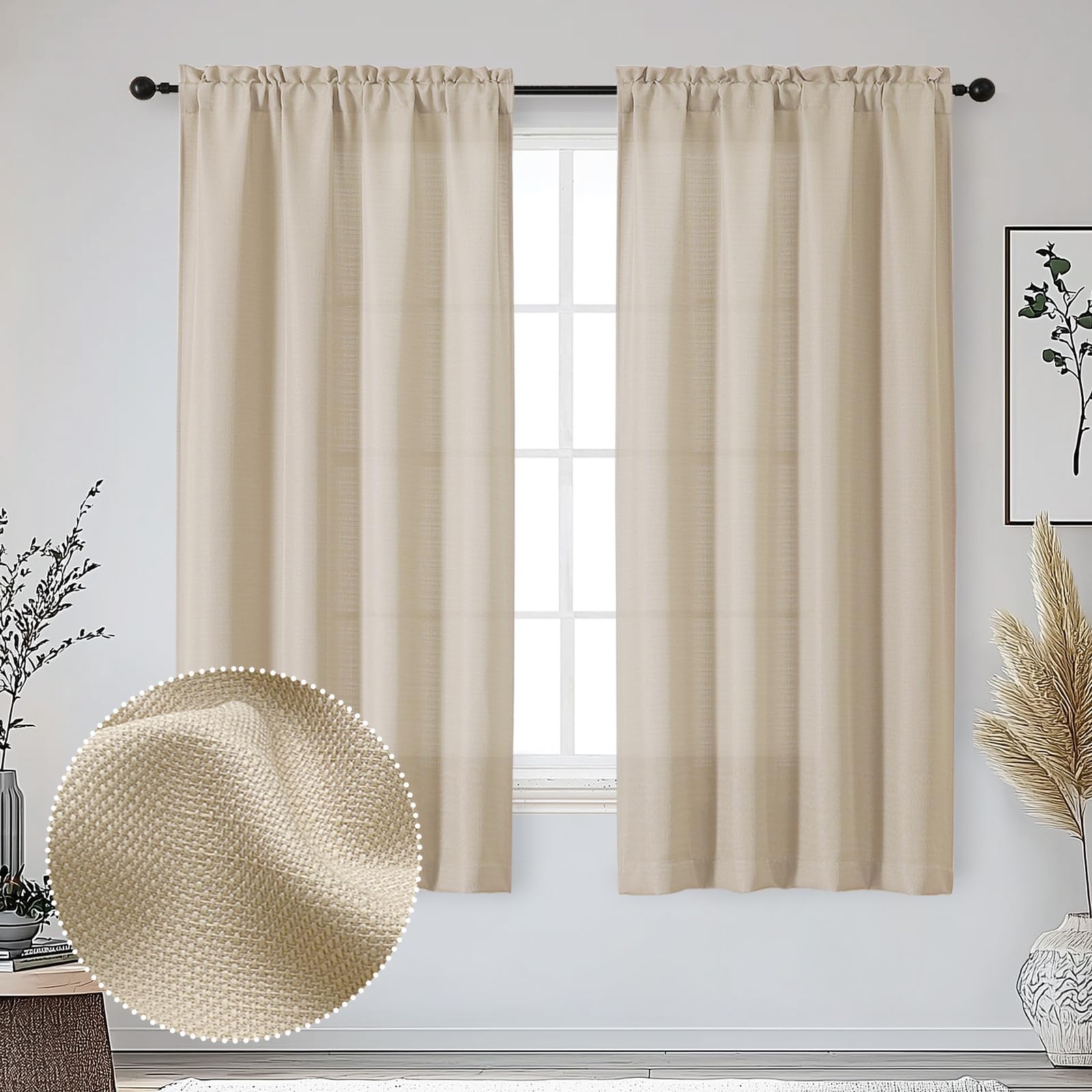 OWENIE Bob Linen Curtains 63 Inch Length 2 Panels Set for Living Room Bedroom, Light Filtering Faux Linen Textured Soft Window Curtain, Airy Soft Rod Pocket cortinas para cuarto, 40Wx63L Inches, 2 Pcs