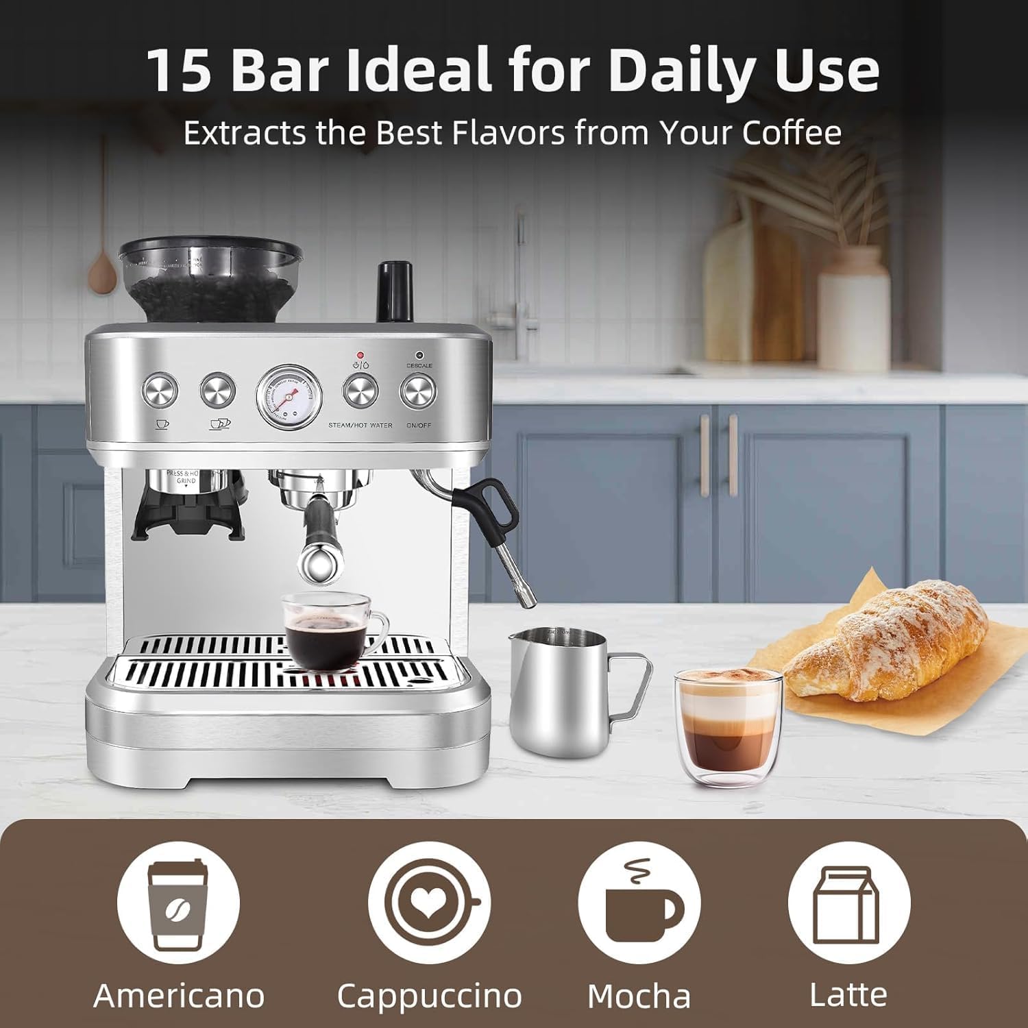 Garvee Cafetera Italiana Automática con Molinillo Integrado – 15 Bares y Control PID – Espresso Profesional en Casa con Boquilla de Vapor, Depósito 2,3L, Acero Inoxidable, Plateado
