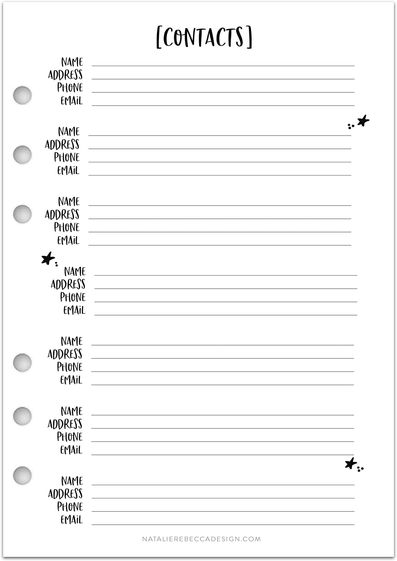 A5 Address Contact Inserts for Filofax, Kikki K, Carpe Diem Planners, Whimsy (Planner Not Included)