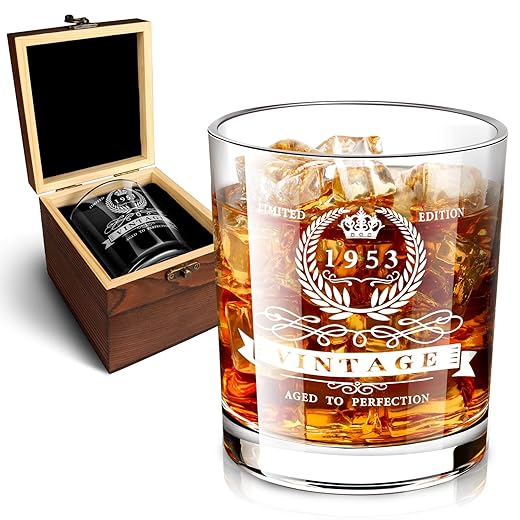 70th Birthday Gifts for Men, 1953 Whiskey Glass in Valued Wooden Box, Vintage Anniversary Etched 12oz Whiskey Rocks Glass for Dad, Husband, Friend, 70th Birthday Decorations for Men