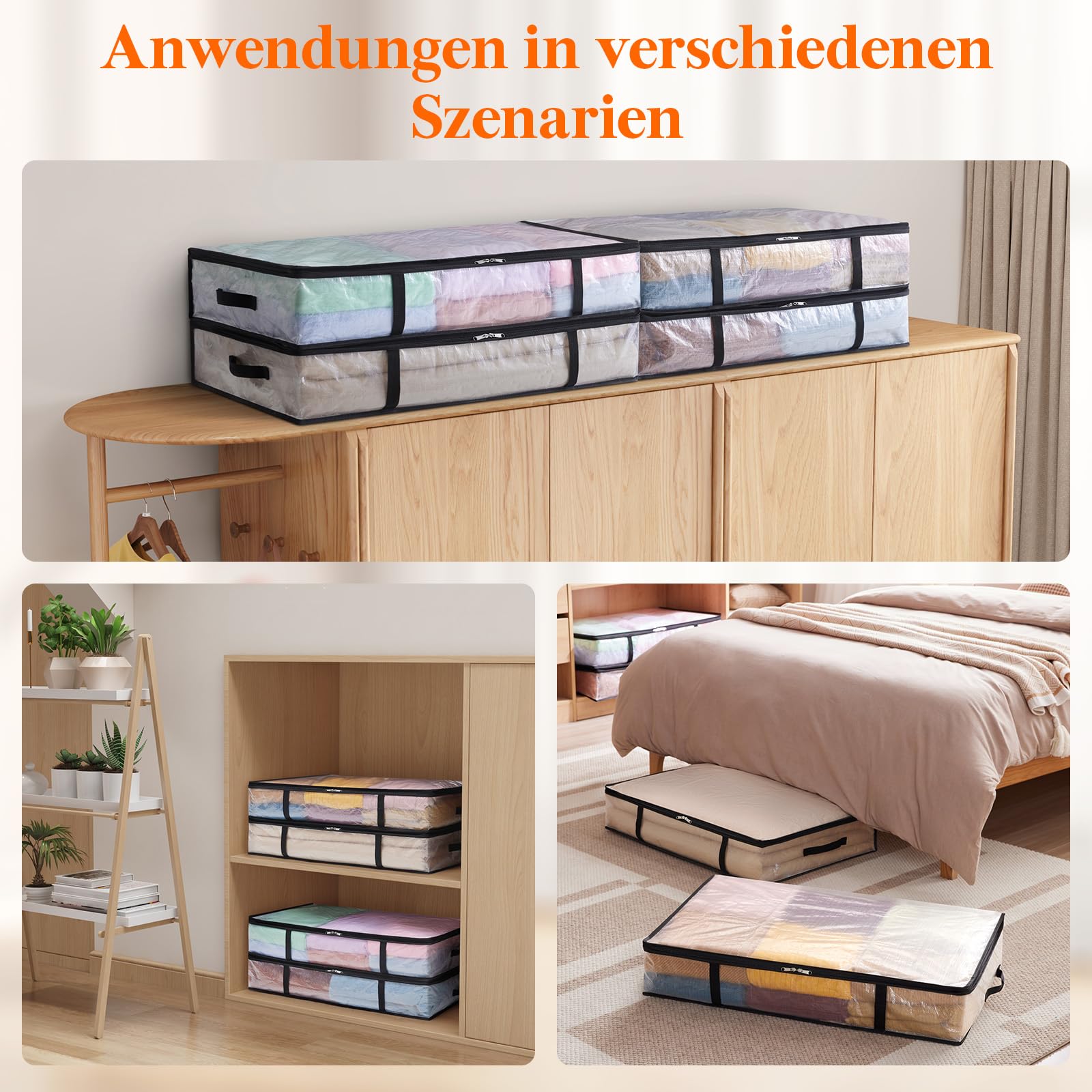 Lifewit 4 Stück Transparente Plastik Unterbett Aufbewahrungstasche, 60L Unterbettkommode Aufbewahrungsbox mit Decke Aufbewahrungstasche Kleidung mit Verstärktem Griff für Bettdecken, Kleidung, Decke