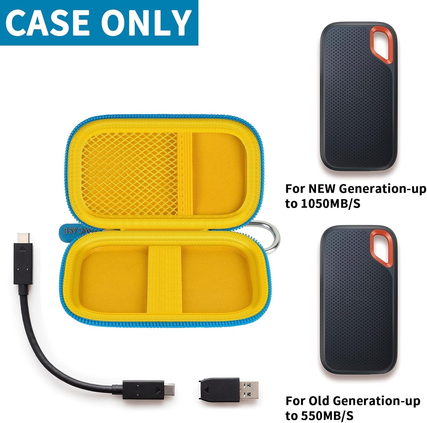 Hard Case Compatible with SanDisk 1TB 2TB 4TB 500GB 8TB Extreme Portable SSD - Up to 1050MB/s - USB-C, USB 3.2 Gen 2 External Solid State Hard Drive Storage Holder for Cables-Blue-Yellow (Box Only) - 2