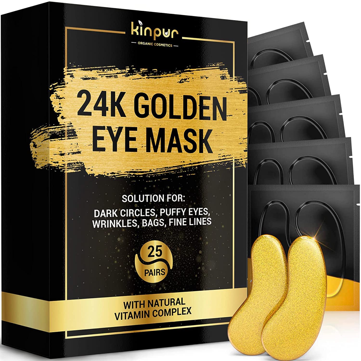 24K Gold Eye Mask - 25 Pairs - Eye Patches for Puffy Eyes, Dark Circles, Wrinkles, Fine Lines - Collagen Under Eye Mask - Anti-Aging and Moisturizing Support - with Hyaluronic Acid - All Skin Types