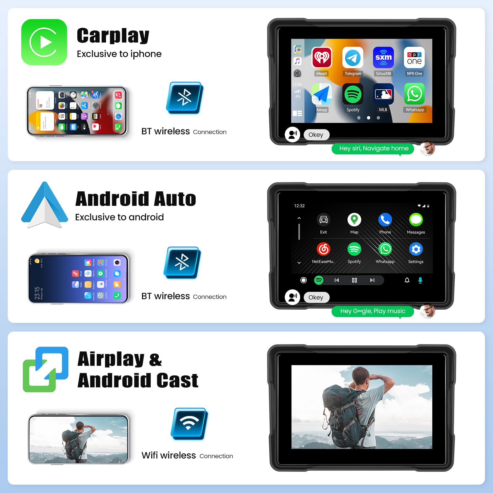 Coche de Moto Portátil con Android Auto Carplay inalámbrico 5 Pulgadas IP67 Impermeable Pantalla Táctil para Motocicletas con Cámara de Salpicadero Navegación Bluetooth Mirrorlink EQ TF Card Moto