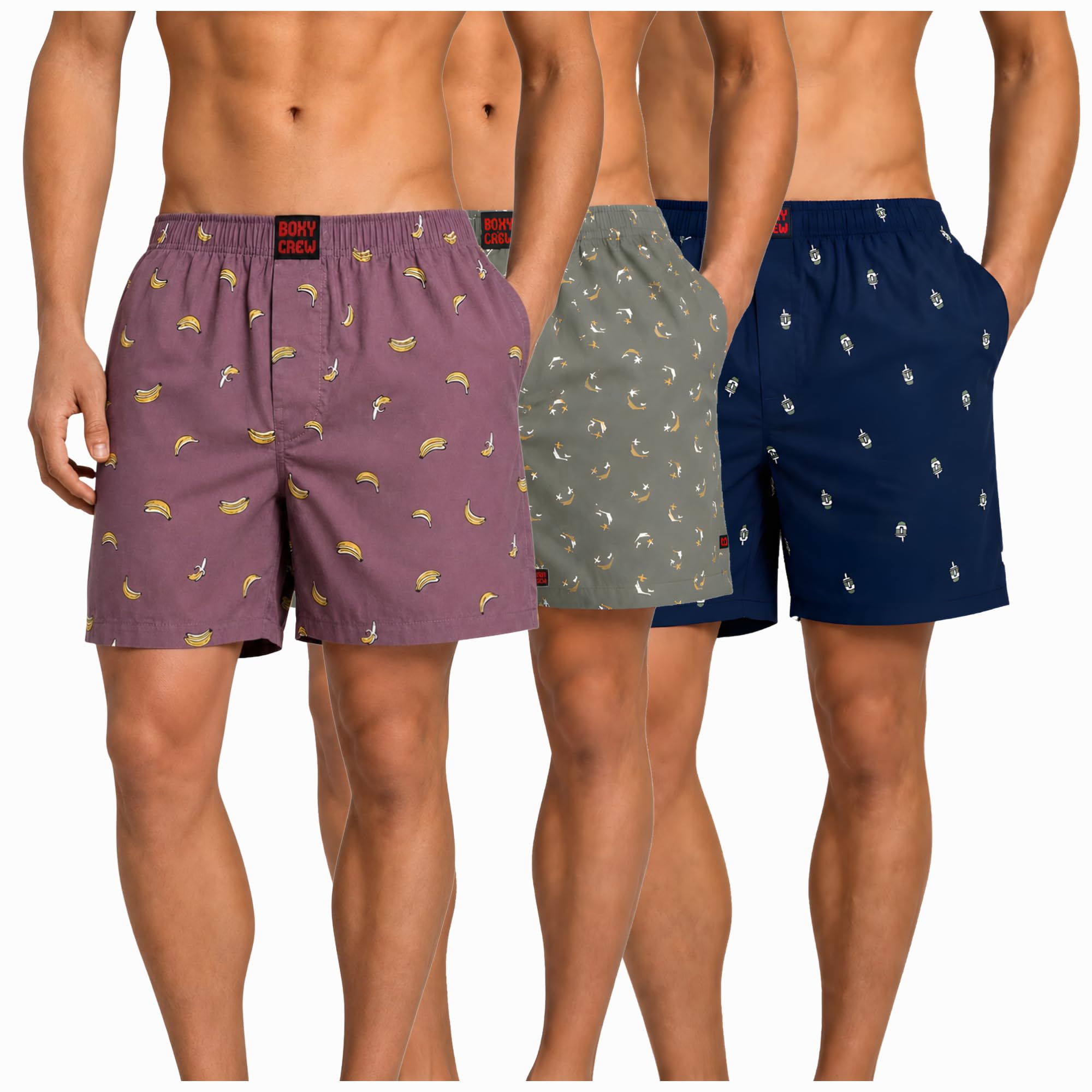 Men's 100% Cotton Boxer Shorts Pack of 3, Rose Pink, Green & Navy Blue | Woven Boxers with Side Pockets, No-Marks Elastic Waistband, Breathable Relaxed Fit | Style 006-008-011-image-46
