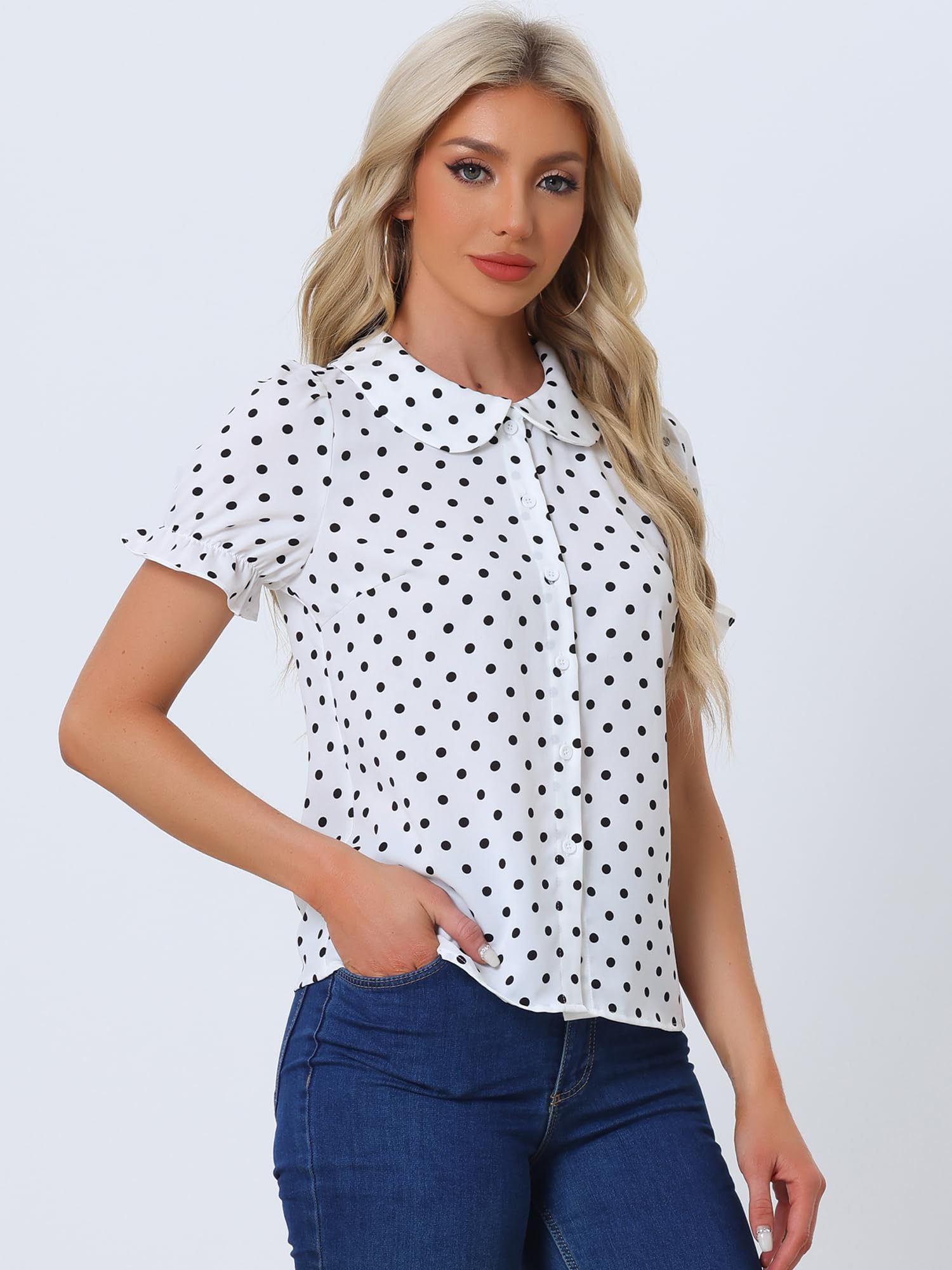 Allegra K Camicia vintage da donna a pois con maniche a sbuffo e colletto Peter Pan