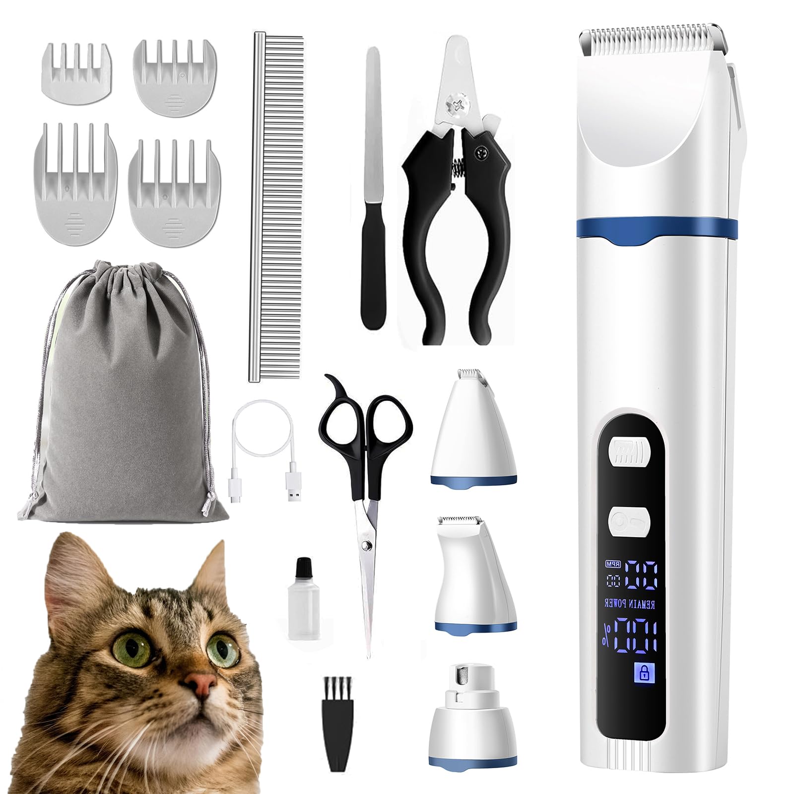 BreeyPaws 4 in 1 Cat Clippers Paw Trimmer Grooming Kit,Child Lock Cats Shaver for matted Fur Claw Silent,Pet Shaver Trimmer for Cats Dogs Paws with Battery Display — image 1