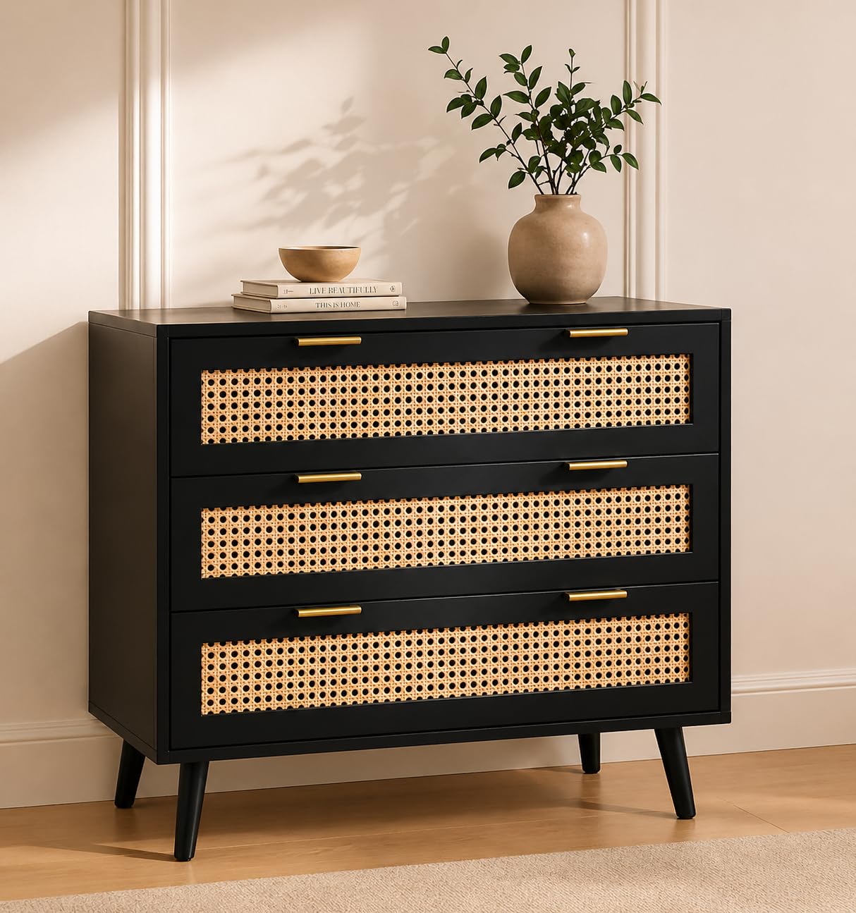 Home Stuff Plus Black Rattan Chest of Drawers โ 3 Rattan Drawer with Solid Pine Legs - Spacious chest drawers - Modern chester drawers for bedroom, Living Room, Hallway, Nursery - W80 x D40 x H80 cm