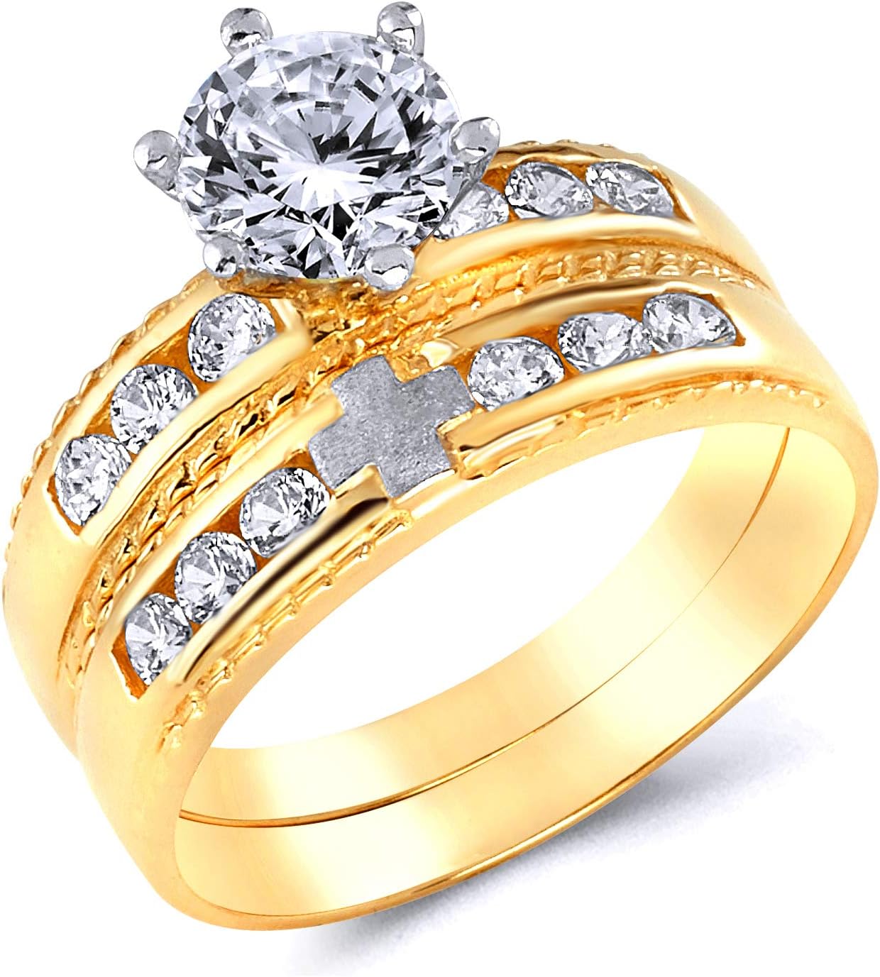 Wellingsale Ladies Solid 14k Two 2 Tone White and Yellow Gold Polished CZ Cubic Zirconia Round Cut Engagement Ring and Cross Wedding Band Bridal Set