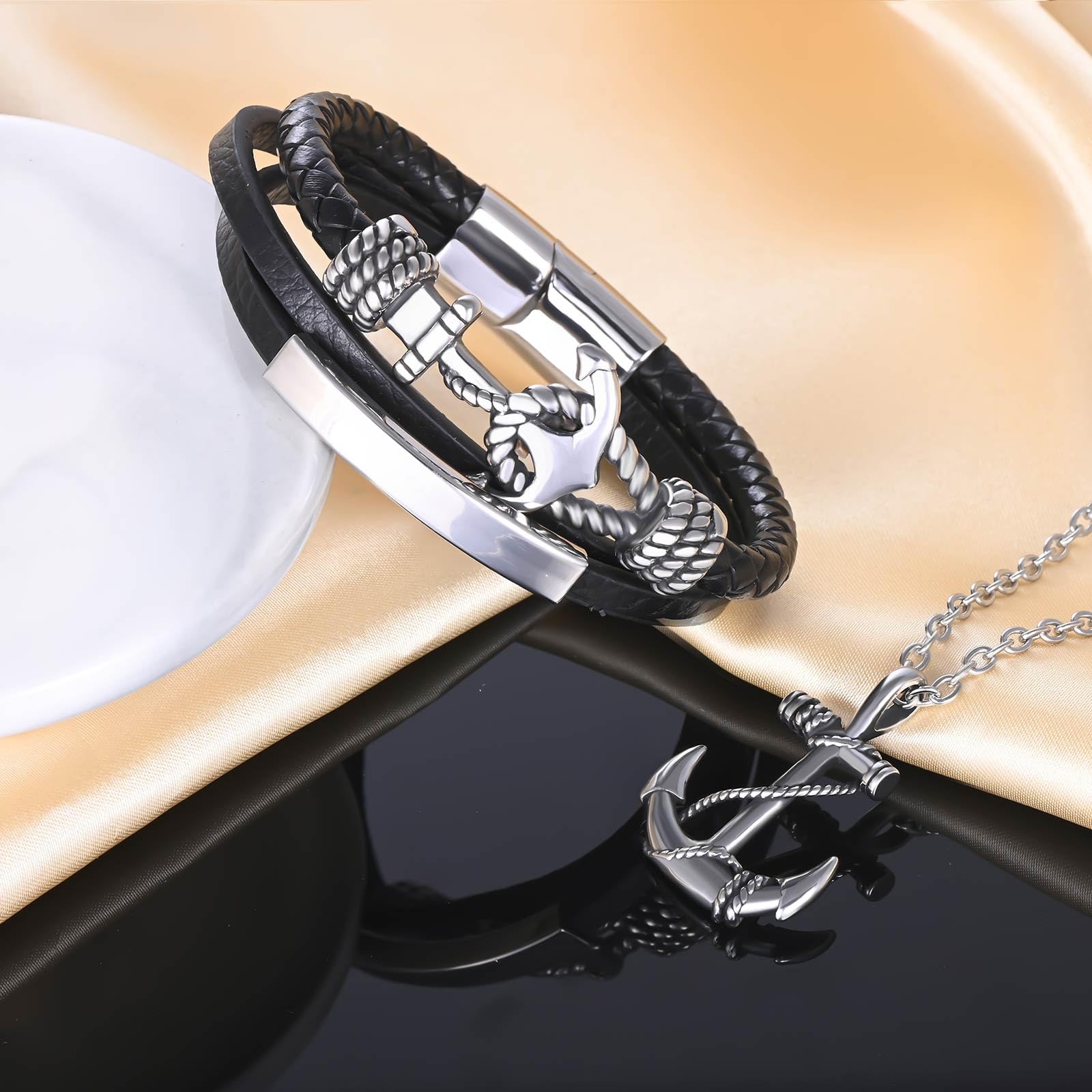 Colliers Pendentif Ancre Créatif en Acier Inoxydable Hommes Garçons Vintage Bracelets Noir Tressé en Cuir Multicouche de Ancre pour Adolescents Bijoux Parures