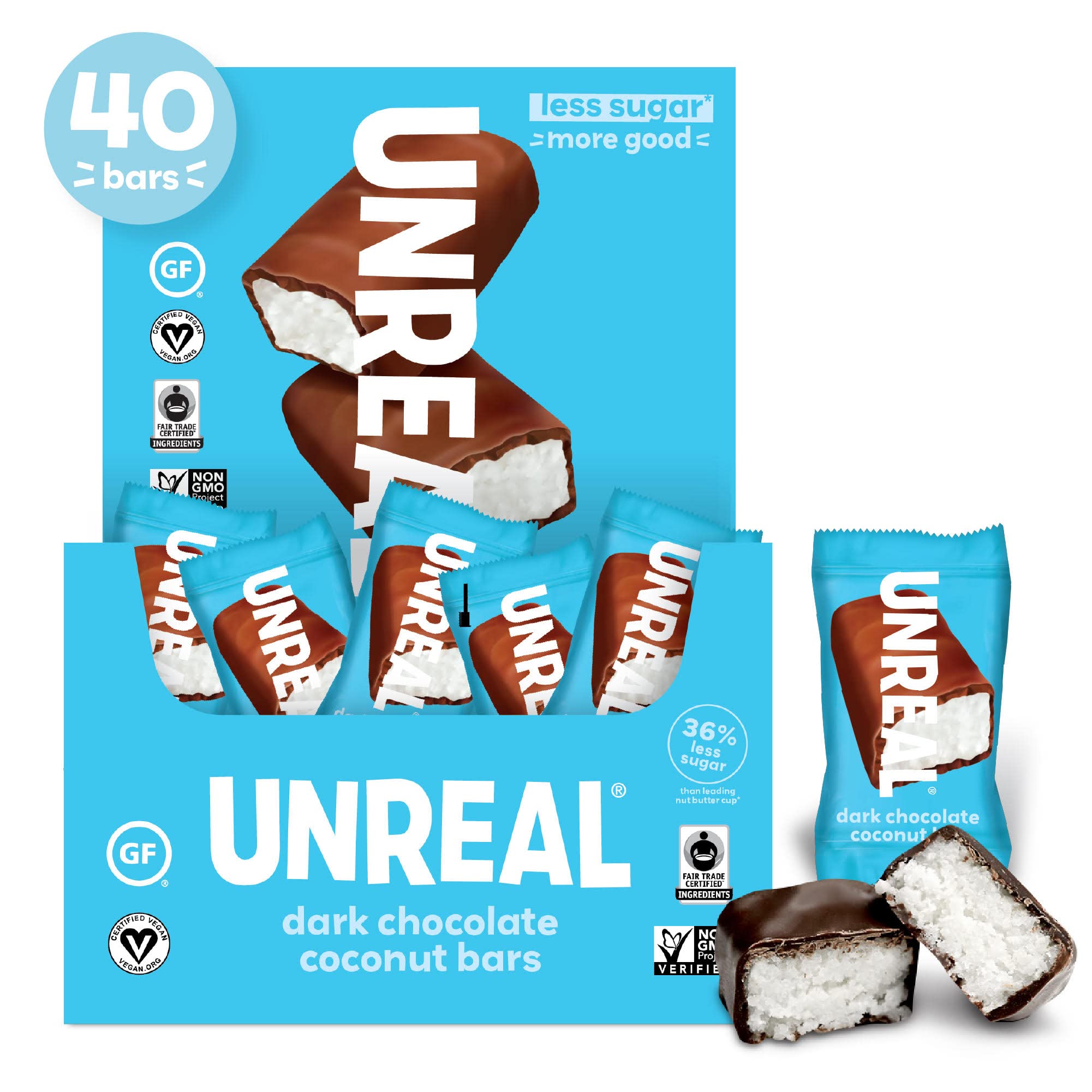 Buy UNREAL Dark Chocolate Coconut Bars (40 Mini Bars) Vegan, 3g Sugar