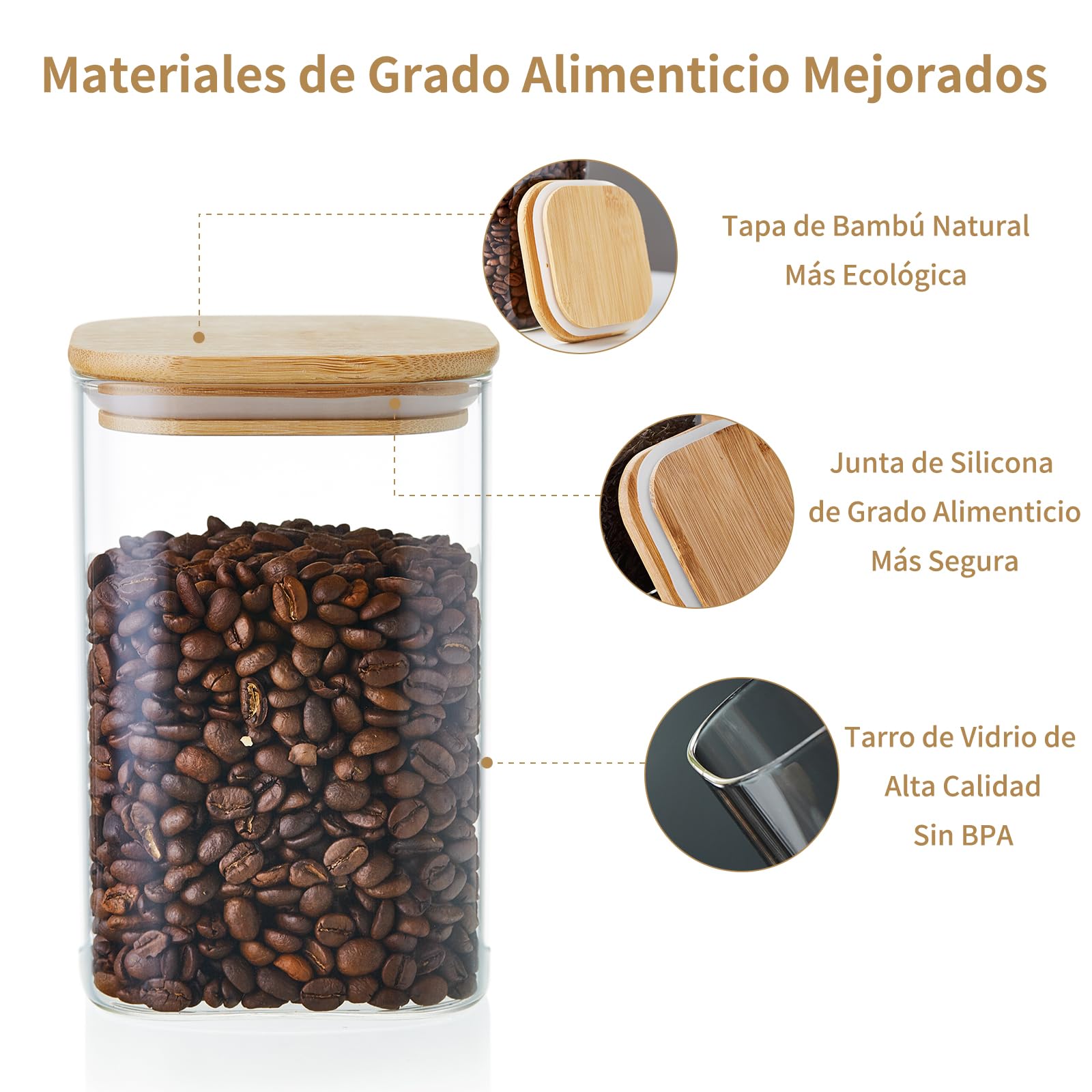 MESNEY Paquete de 6 tarros de vidrio para almacenamiento de alimentos de 1600 ml con tapas de bambú, recipientes herméticos y apilables para cocina y despensa, tarros de vidrio transparente ecológicos