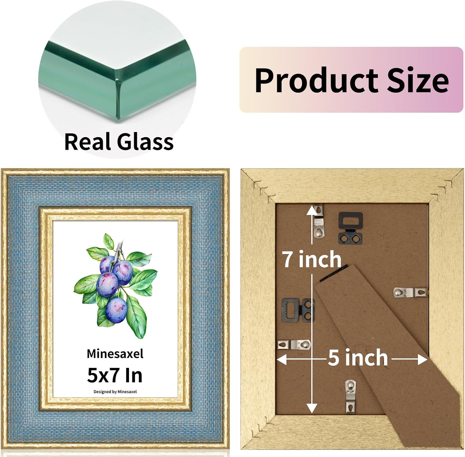 5x7 Picture Frame - Sky Blue Fabric & Rustic Gold Border HD Real Glass with Easel for Tabletop/Wall (Family Photos, Coastal Decor 4 Pack)