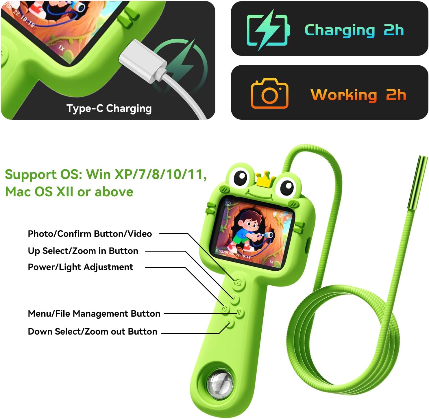 Kids Borescope with Light Borescope Snake Camera for Kids Rechargeable STEM Science Educational Outdoor Toy with 32GB Card Nature Exploration Birthday Gift for Boys & Girls Ages 4,5,6,7,8,9,10,11,12