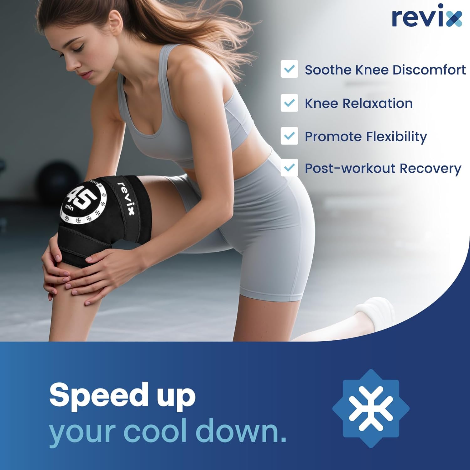Woman applying the REVIX Knee Ice Pack Wrap to her knee after a workout.