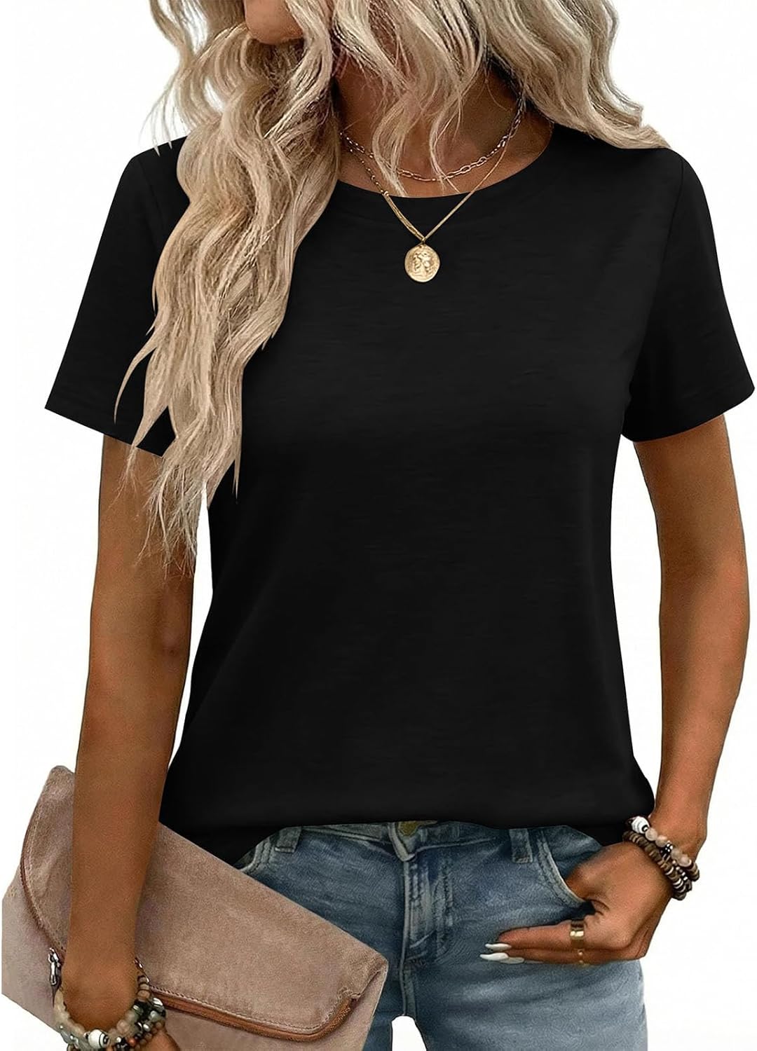Womens Tshirt Short Sleeve Summer Tops Crewneck Casual Basic Solid ...