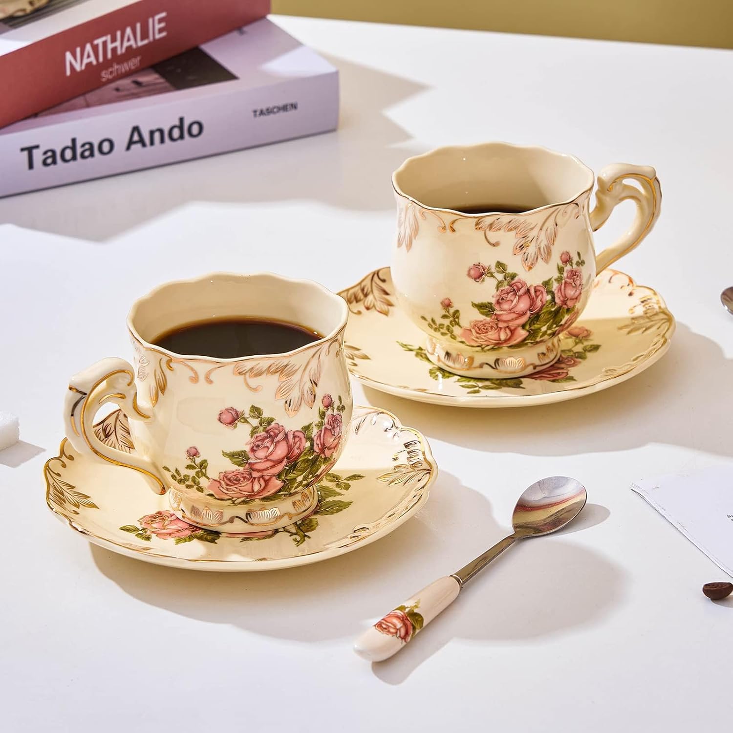 Tea Cups and Saucers Set of 2, 8 Oz Ivory Rose Floral Porcelain Teacup and Saucer Set with Spoon, Vintage Tea Cups with Gold Trim, European Style (Pink Rose) - Image 4