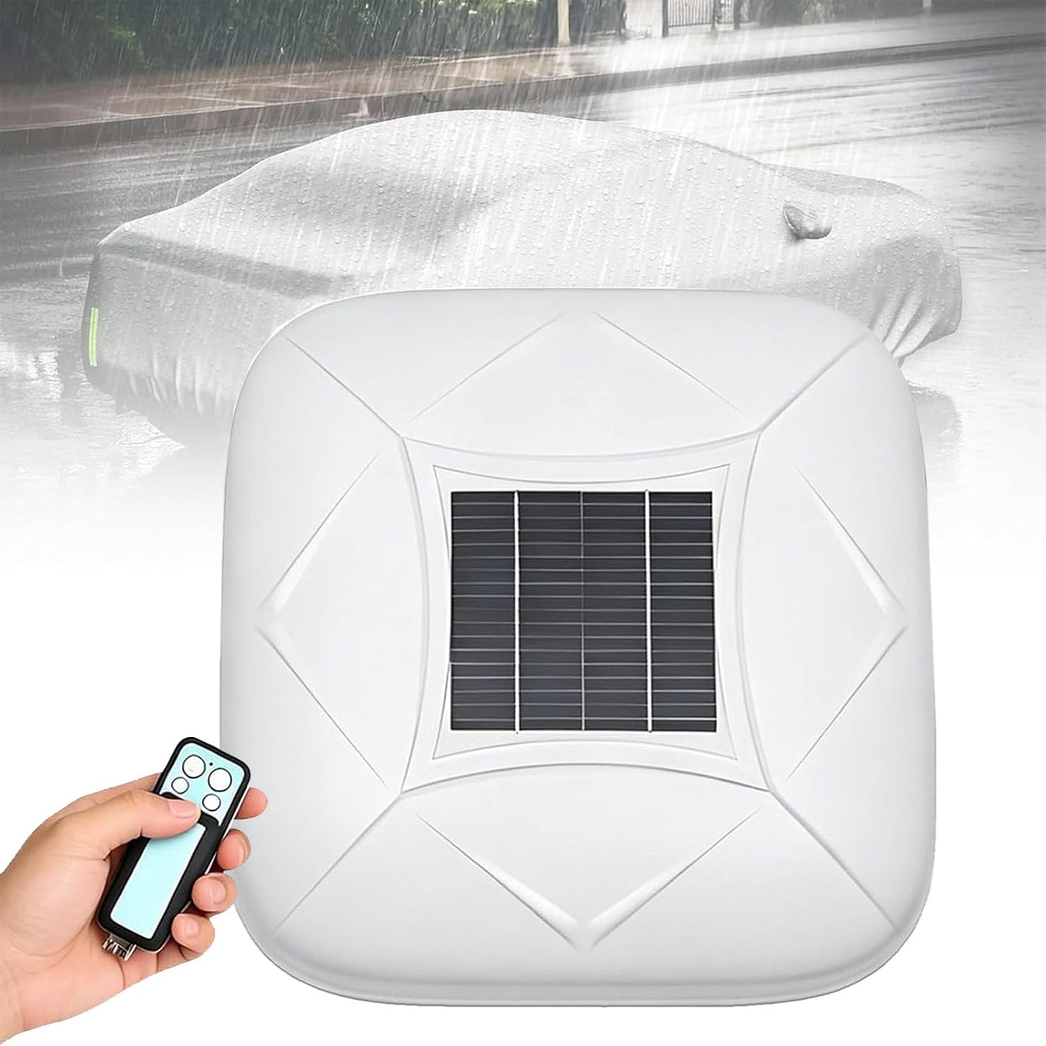 Solar Charging Smart Car Cover, Remote Control Automatic Full Exterior Covers, Quick 10s Open, Anti-Theft Alarm, Waterproof and Sunproof for Sedan SUV MPV White-2L
