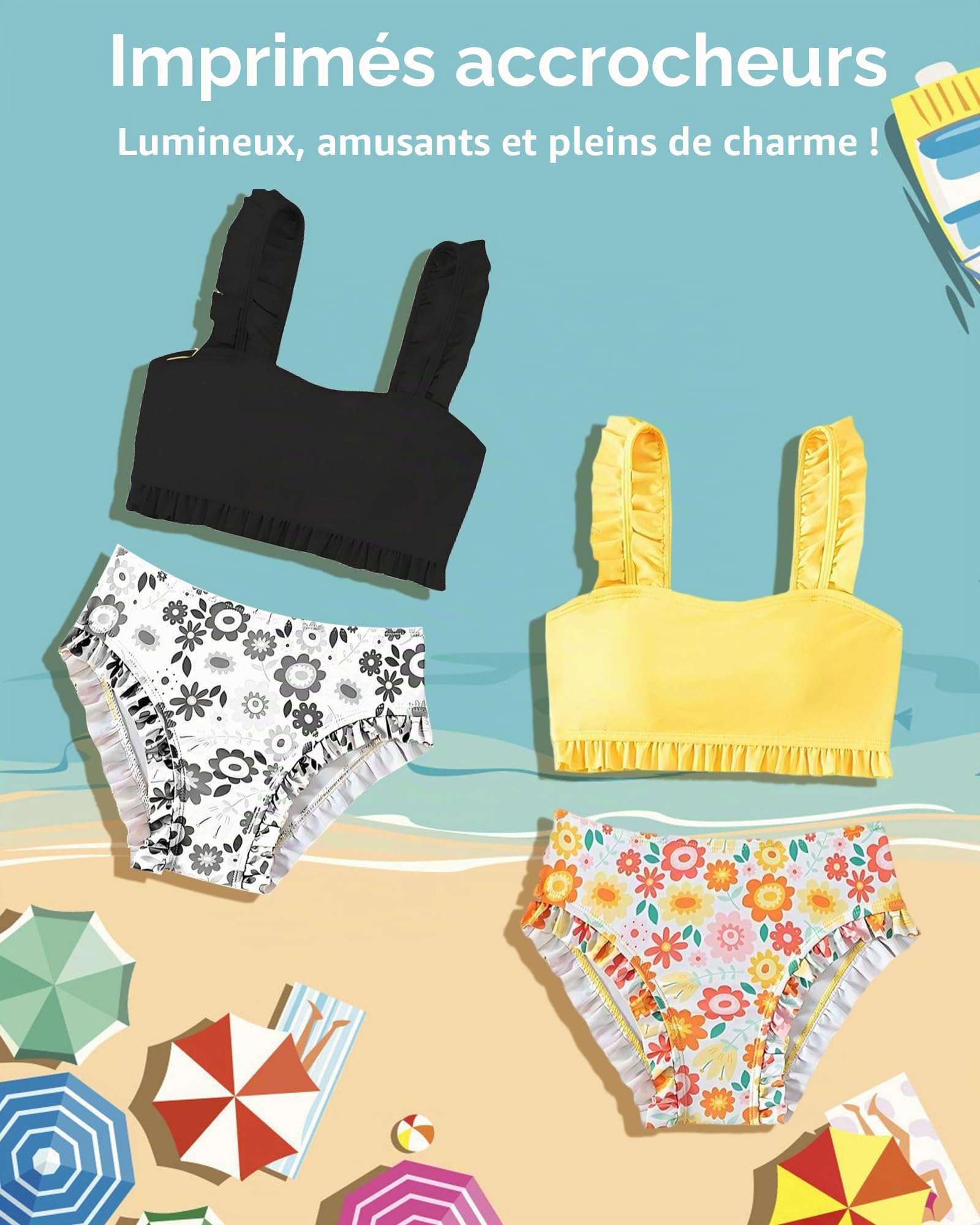 Bikini Fille, Maillot 2 Pièces 5–14 Ans, Séchage Rapide, Joli Motif Été