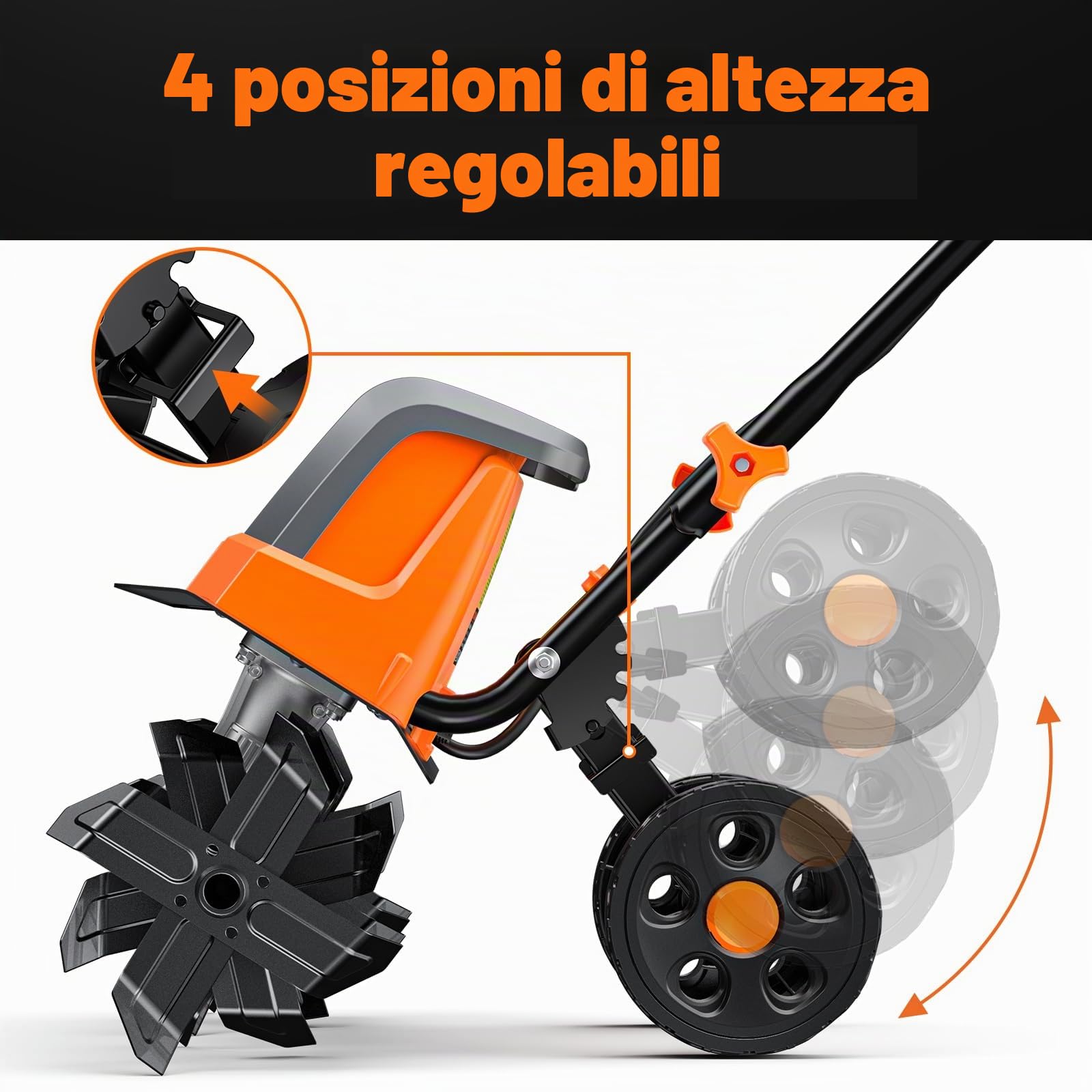 DOVAMAN Motozappa Elettrica 1800W, 46 cm Larghezza di Lavoro, 20 cm Profondità, 6 Lame in metallo, Ruote Regolabili a 4 Posizioni, Manico Pieghevole-T03