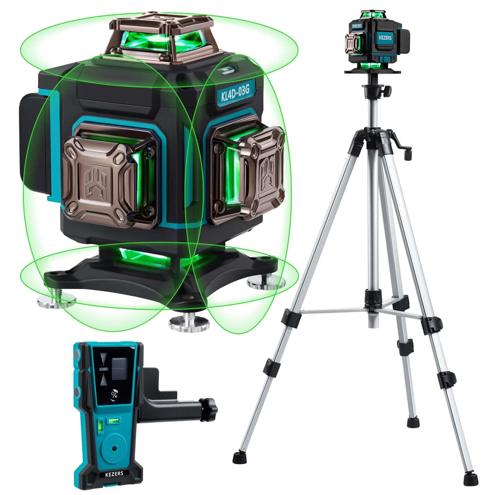 KEZERS Laser Level Set with Receiver 4 x360 Self Leveling with Tripod and Grade Rod
