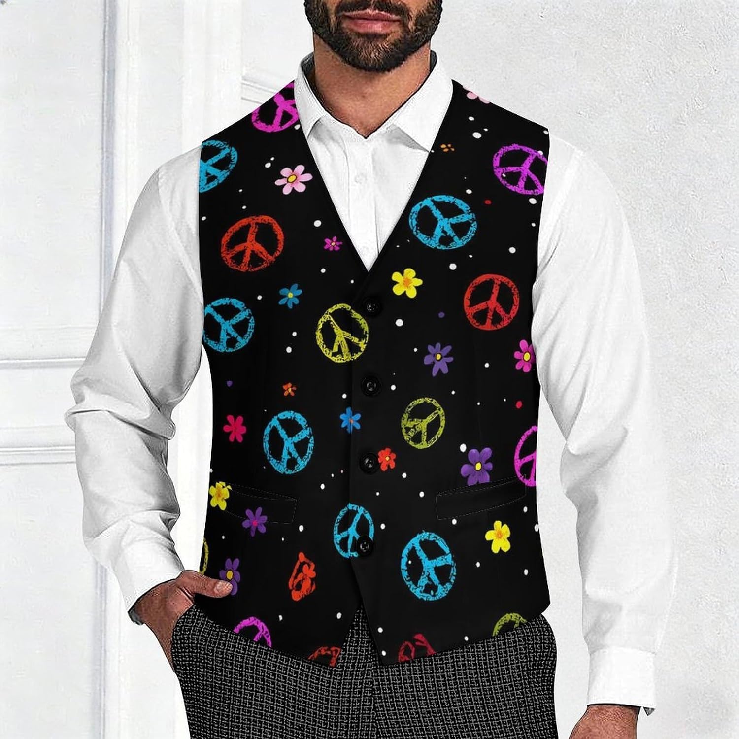 Colorful Peace Sign Men's Suit Vest Formal Vests Casual Dress Fit Waistcoat Casual Tuxedo for Business