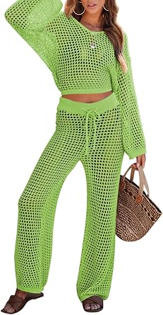 Pink Queen Womens Swimsuit Cover Up Set 2 Piece Crochet Long Sleeve Crop Top Wide Leg Pants Beach Coverups Outfits