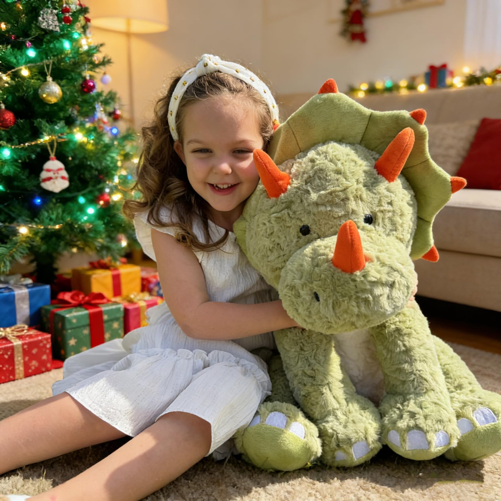 Tezituor 61 cm grüne Dinosaurier-Stofftiere, große gefüllte Dinosaurier-Triceratops-Plüschtiere, Umarmung, weiches Dinosaurier-Plüschkissen für Kinder und Erwachsene