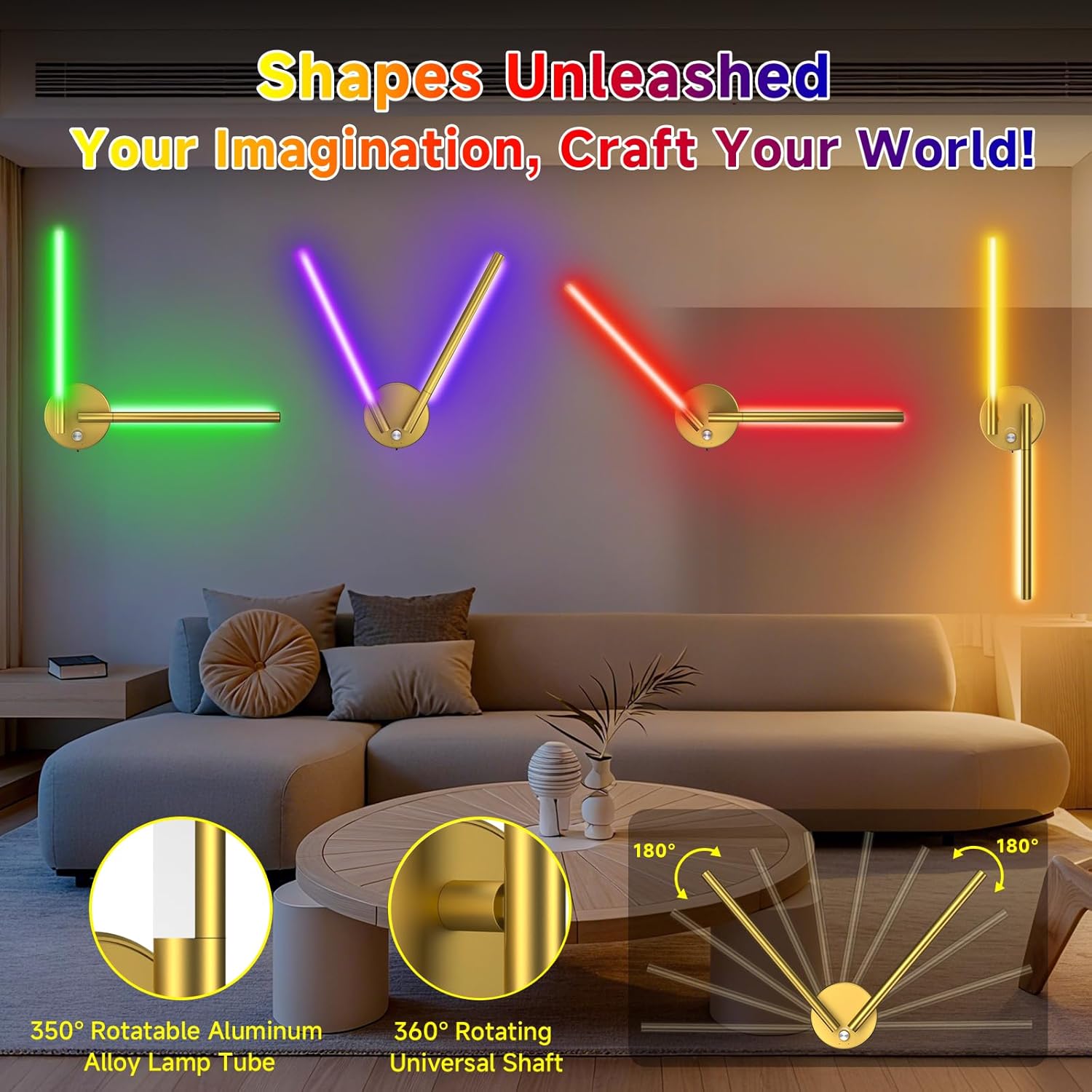 Battery Operated Wall Sconce of 2, 360°DIY Rotatable,Wireless Magnetic Wall Lights with Remote,10 RGB Color with 5CCT Dimmable,Cordless Wall Lamp Decor for Vanity Bedroom 10000mAh Gold