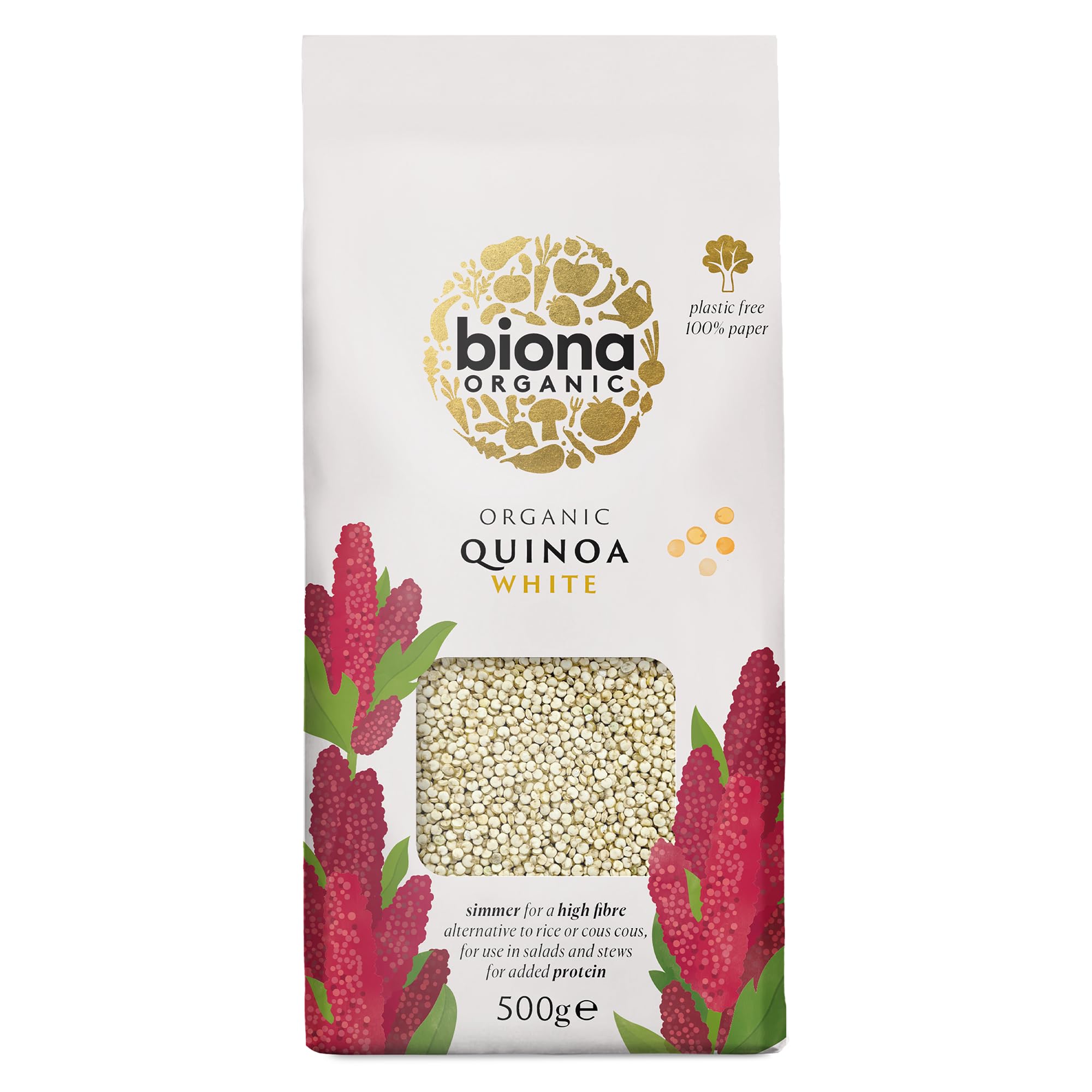 Biona Organic White Quinoa, 500g - Organically Grown Without GMOs -Wheat-free Alternative - Naturally Vegan & High in Fibre - Sustainable 100% Recyclable Paper Packaging -For Salads, Stews and Cooking