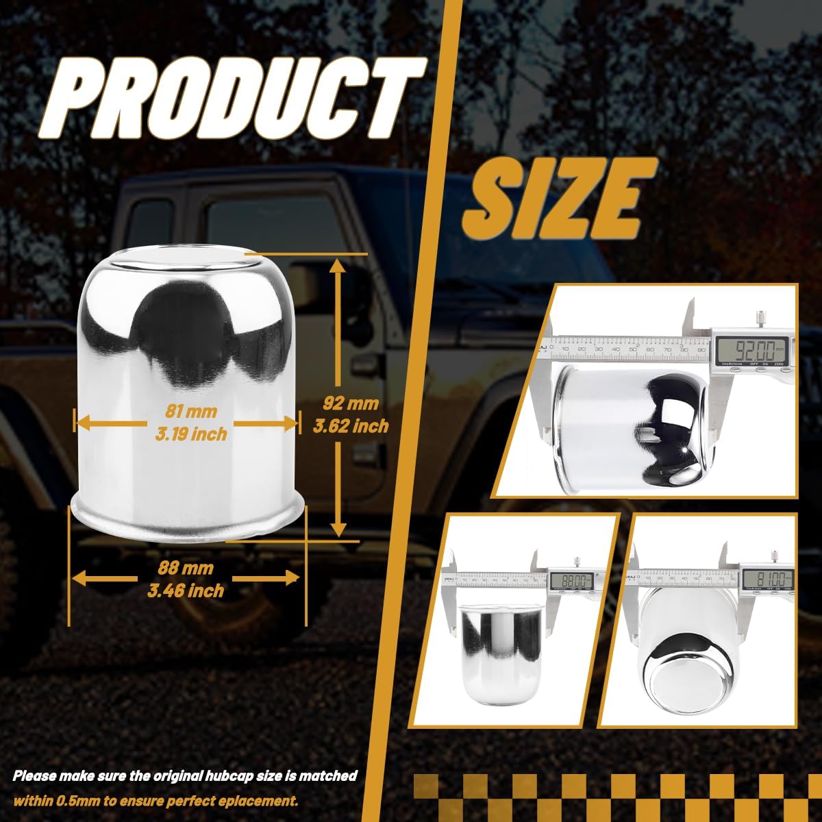 4Pcs 3.19 in Wheel Center Caps Chrome Push Through Design - Fit 3.19" Center Bore for Truck, Trailer, SUV, RV Wheels Rims 3.62" Height Center Hub Caps