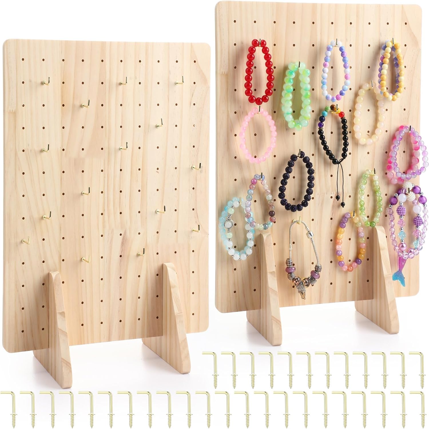 Colingmill 2 Pack Wooden Pegboard Display Stand for Keychain 16" x 12" Jewelry Rectangle Peg Board Tabletop Rack Organizer with 50 Hooks for Necklaces, Earrings, Craft Shows, Vendor Display(Wood)