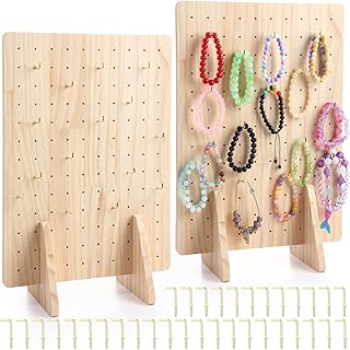 2 Pack Wooden Pegboard Display Stand for Keychain 16" x 12" Jewelry Rectangle Peg Board Tabletop Rack Organizer with 50 Hooks for Necklaces, Earrings, Craft Shows, Vendor Display(Wood)