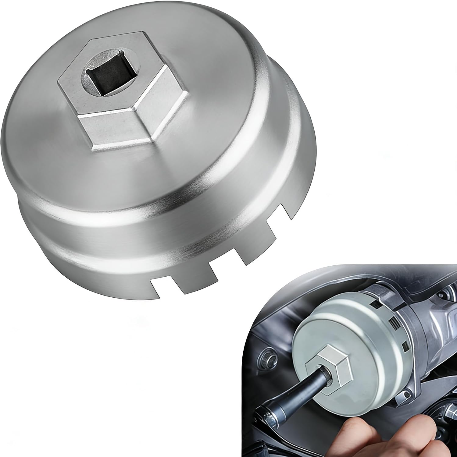 1 PC 64.5mm Oil Filter Socket Wrench,Oil Filter Cap Removal Tool with 3/8" Calibre 14 Notches 6 Slots 2.0L-5.7L Engine, Compatible with Toyota Corolla Prius Lexus (Silver)