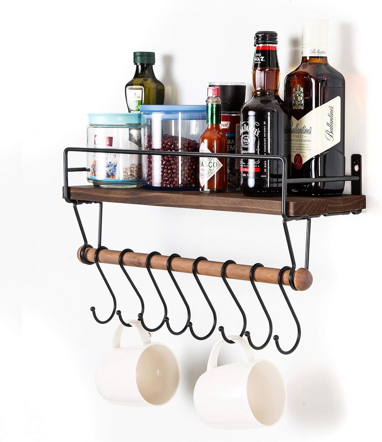 SODUKU Floating Shelf Wall Shelf for Storage Rustic Wood Kitchen Spice Rack and Bathroom Shelf with Rail and Removable Towel Bar and 8 Hooks Brown