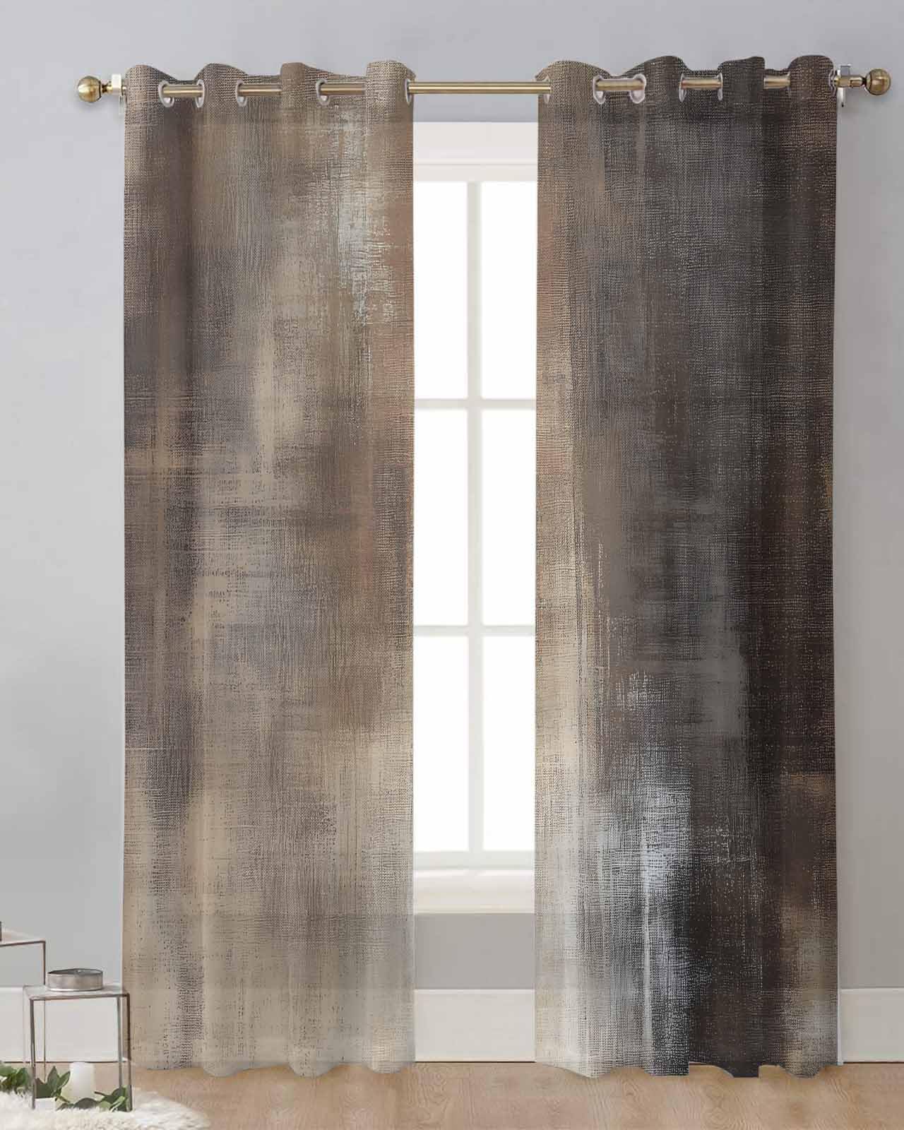 Abstract Brown Sheer Curtains 63 Inch Length Set Farmhouse Vintage Wooden Grain Minimalist Curtain Drape for Kitchen,Bedroom,Living Room,Doorway,