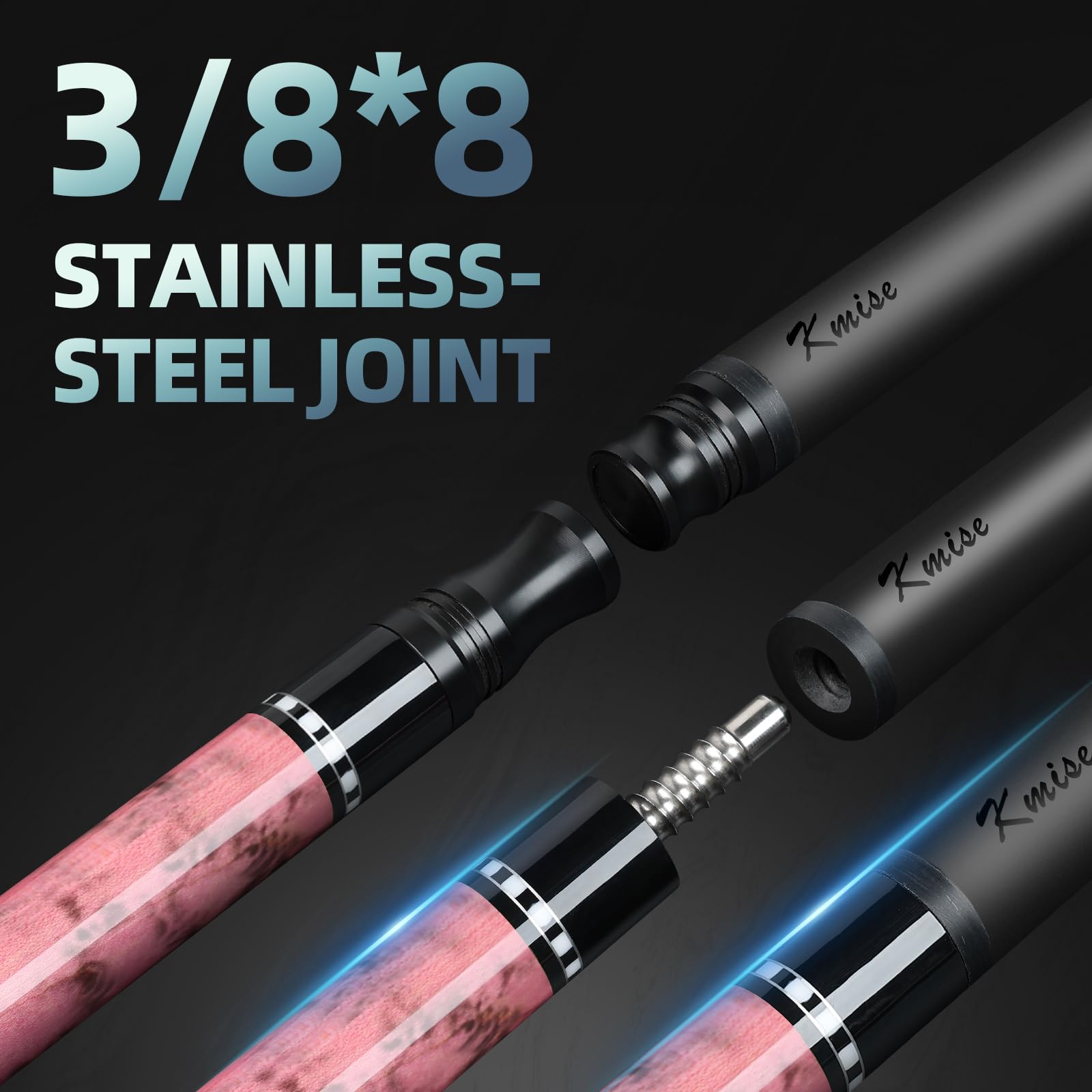 Kmise Stecca da biliardo in fibra di carbonio, 100% fibra di carbonio, asta da 147,3 cm professionale per adulti, tecnologia Full Carbon, punta da 12,5 mm, perno giunto 3/8-8, 552,8 g, coda da