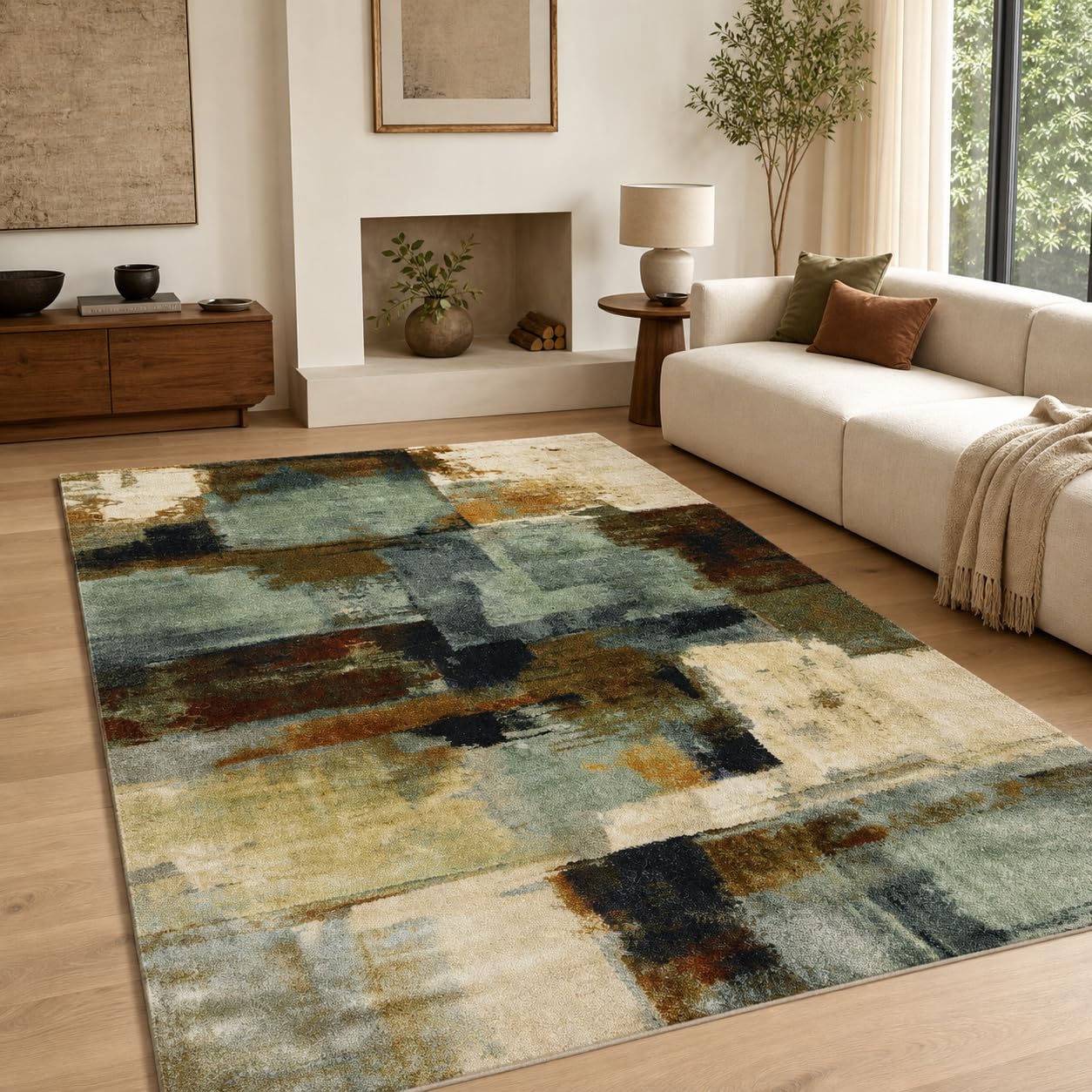 Tappeto Salotto Moderno Astratto Verde Salvia, Beige e Marrone, Lavabile in Lavatrice e Antiscivolo TPR, Pelo Corto Morbido per Soggiorno e Camera da Letto (200 x 300 cm)